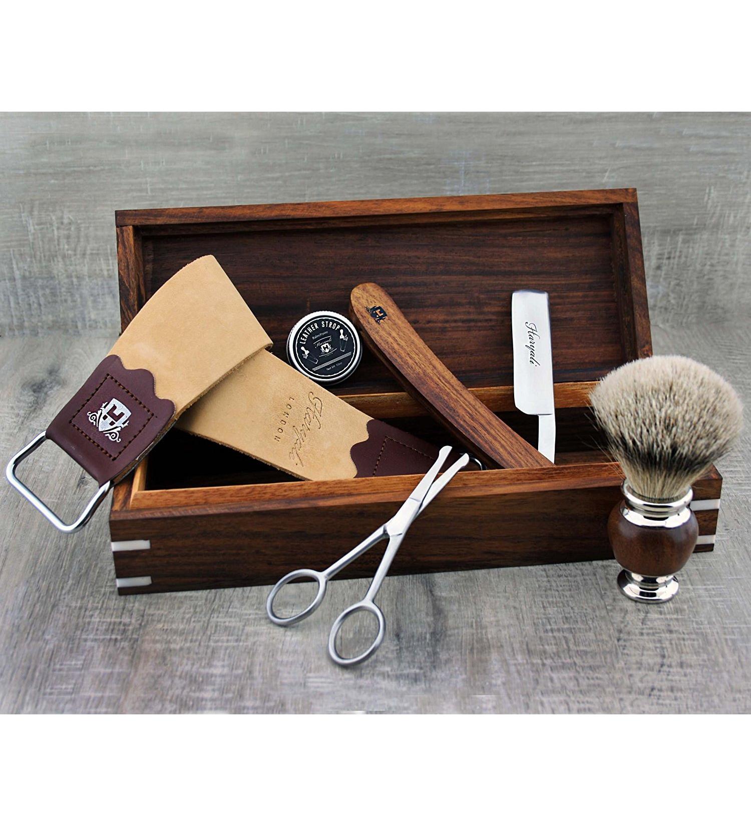 Premium Gift Razor Set | Straight Cut Throat Razor Dachshaar Brush Leather Strop Grinding Paste & Nasal Hair Scissors - Perfect for Grooming - Buy Online on GoSupps.com