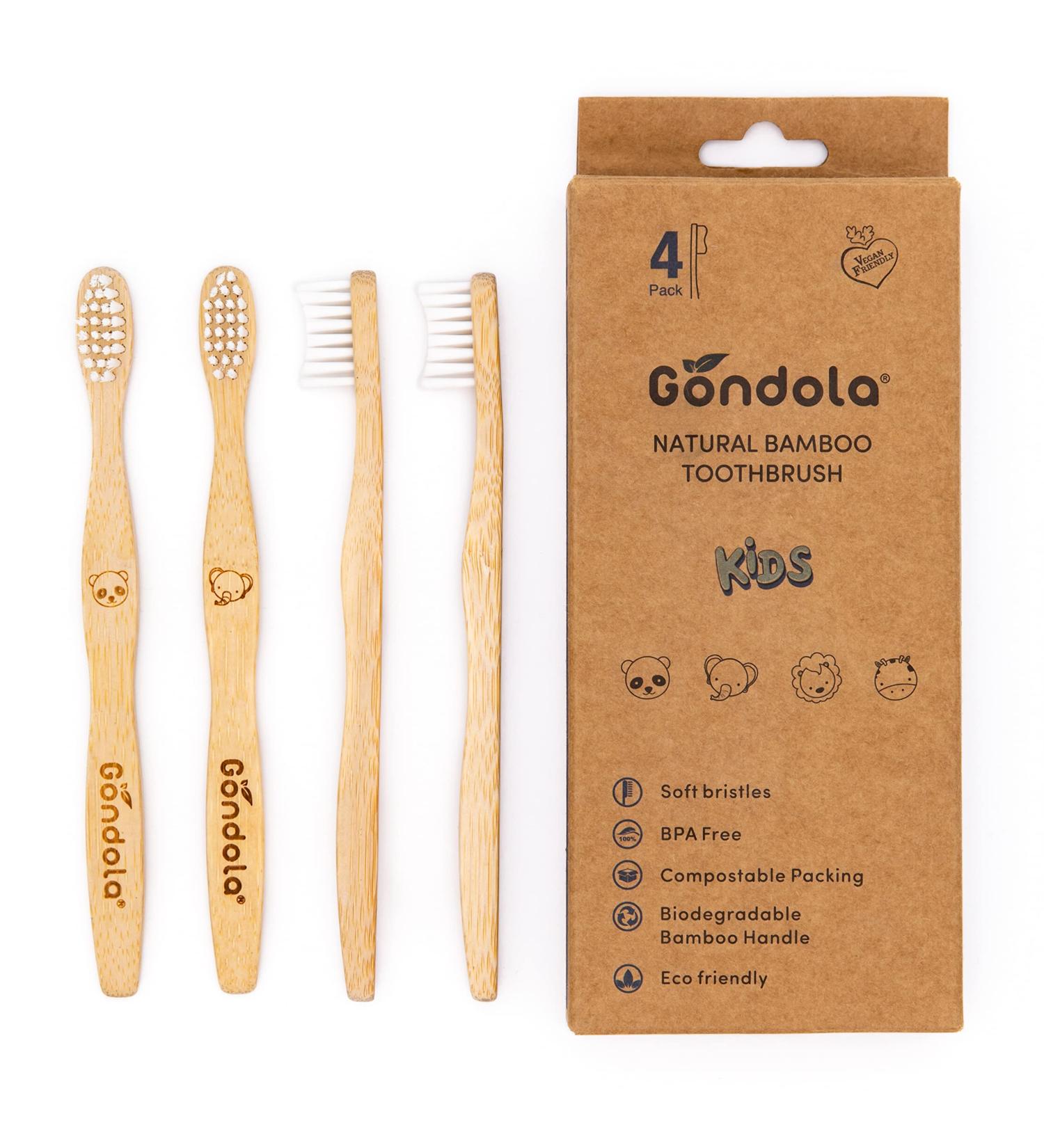 Gondola Kids Bamboo Toothbrushes - Soft Bristles, Vegan & Eco-Friendly - Fun Animal Designs, Zero Waste Packaging - 4 Pack - Buy Online on GoSupps.com