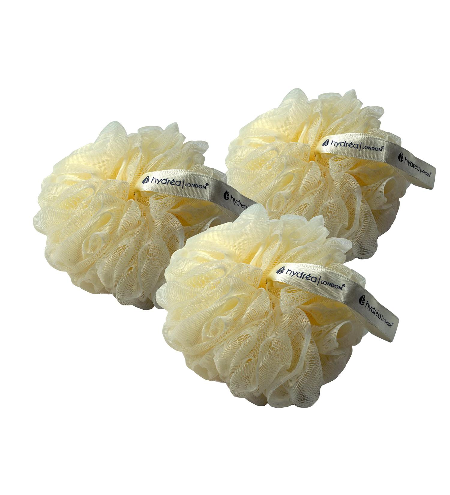 Hydrea London Shower Puff - Exfoliating Body Scrubber for Men & Women - Cleansing & Invigorating Luxury Shower Scrub - Ultra-Soft Large & Vegan Bath Scrunchie - Bathing Skin Buffer Triple Pack
