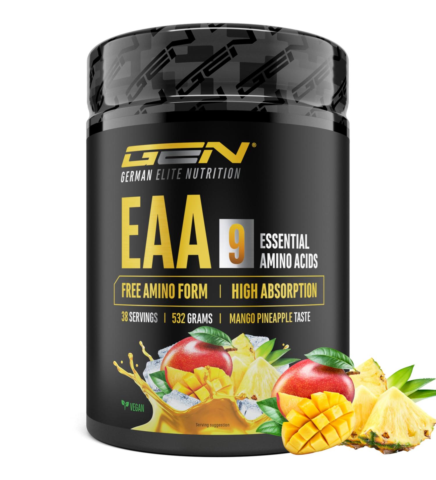  GEN GERMAN ELITE NUTRITION EAA Powder 532g (38 servings) - All 9 essential amino acids including histidine & BCAAs - Human Code formula - Vegan - Very good solubility - Refreshing amino acid drink (Mango Pineapple) - Buy Online on GoSupps.com