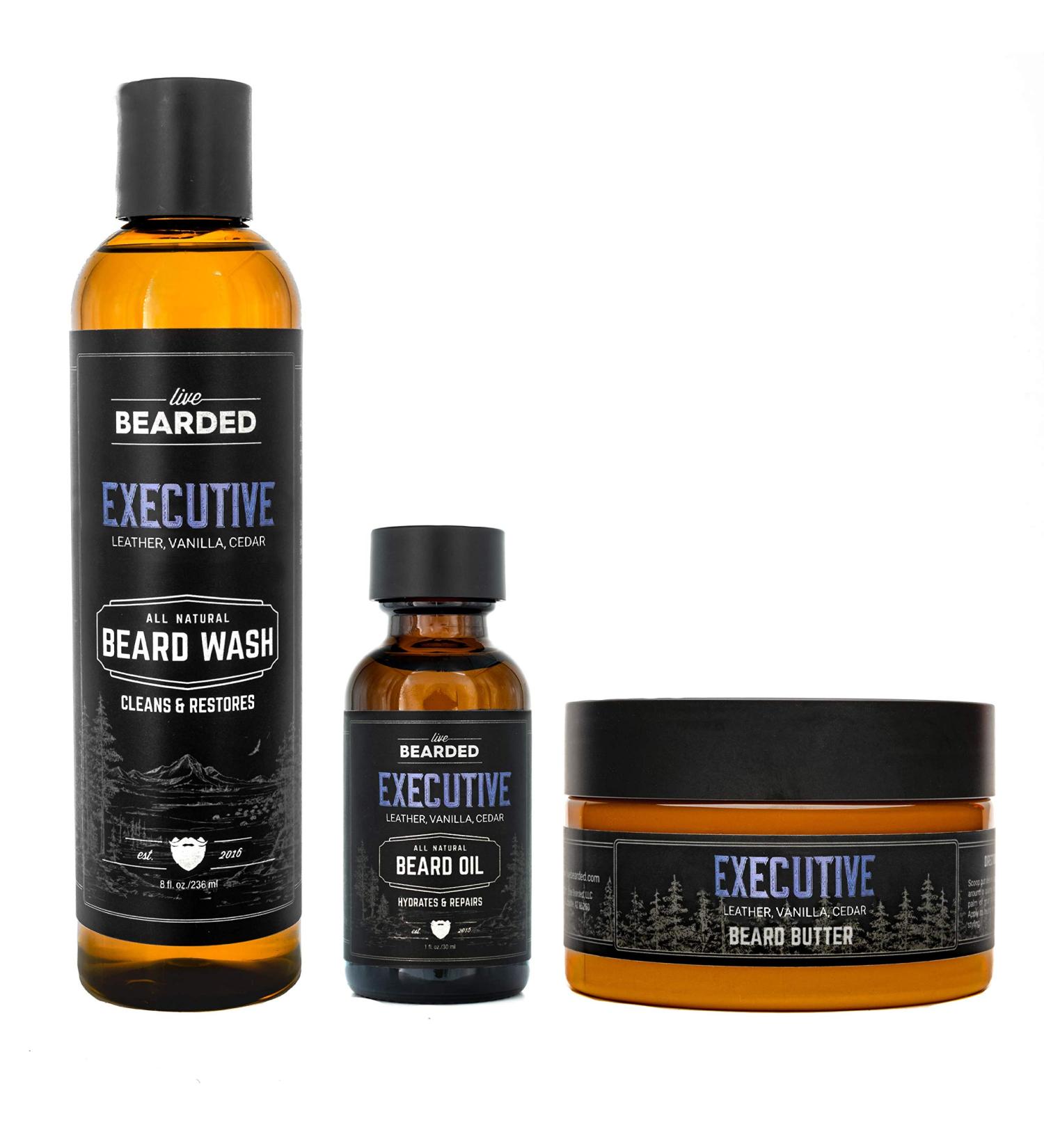 Live Bearded 3-Step Beard Grooming Kit - All-Natural Executive Beard Wash Oil & Butter for Growth Support - Made in the USA - Buy Online on GoSupps.com