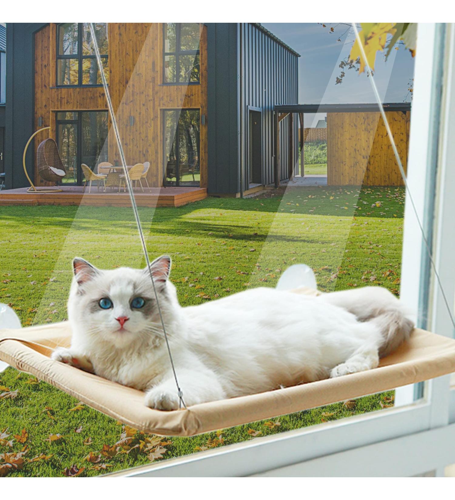 Cat Hammock Perch - Window Bed Seat Shelf for Indoor Cats | Safety Resting Shelf for 2 Cats | 360 Sunny Seat Space Saving Cat Bed (Khaki) - Buy Online on GoSupps.com