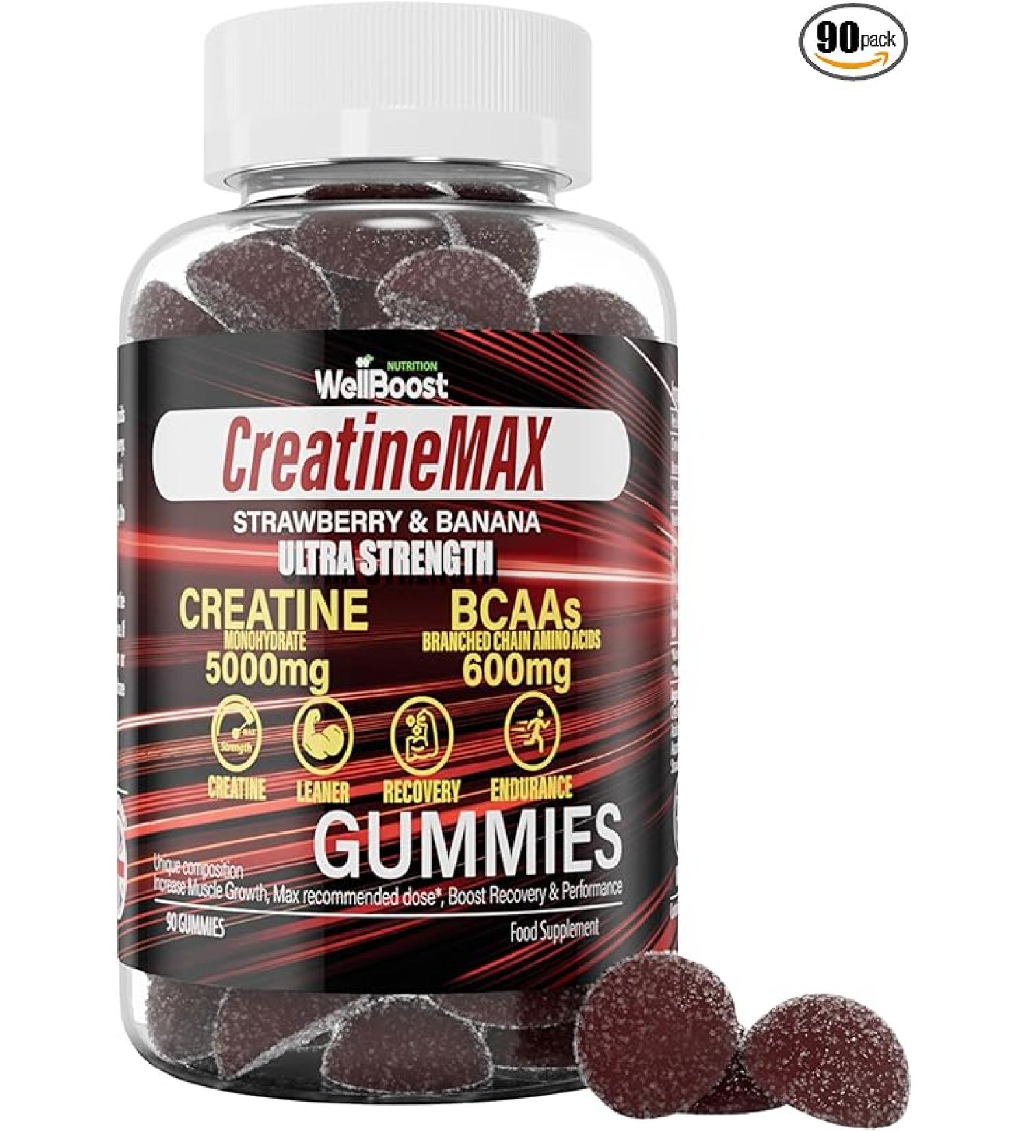 Creatine MAX 90 Chewable Vegan Gummies - 5000mg Creatine Monohydrate, 1000mg BCAAs - Sugar Free Mixed Berry Flavour | 1 Month Supply - Buy Online on GoSupps.com