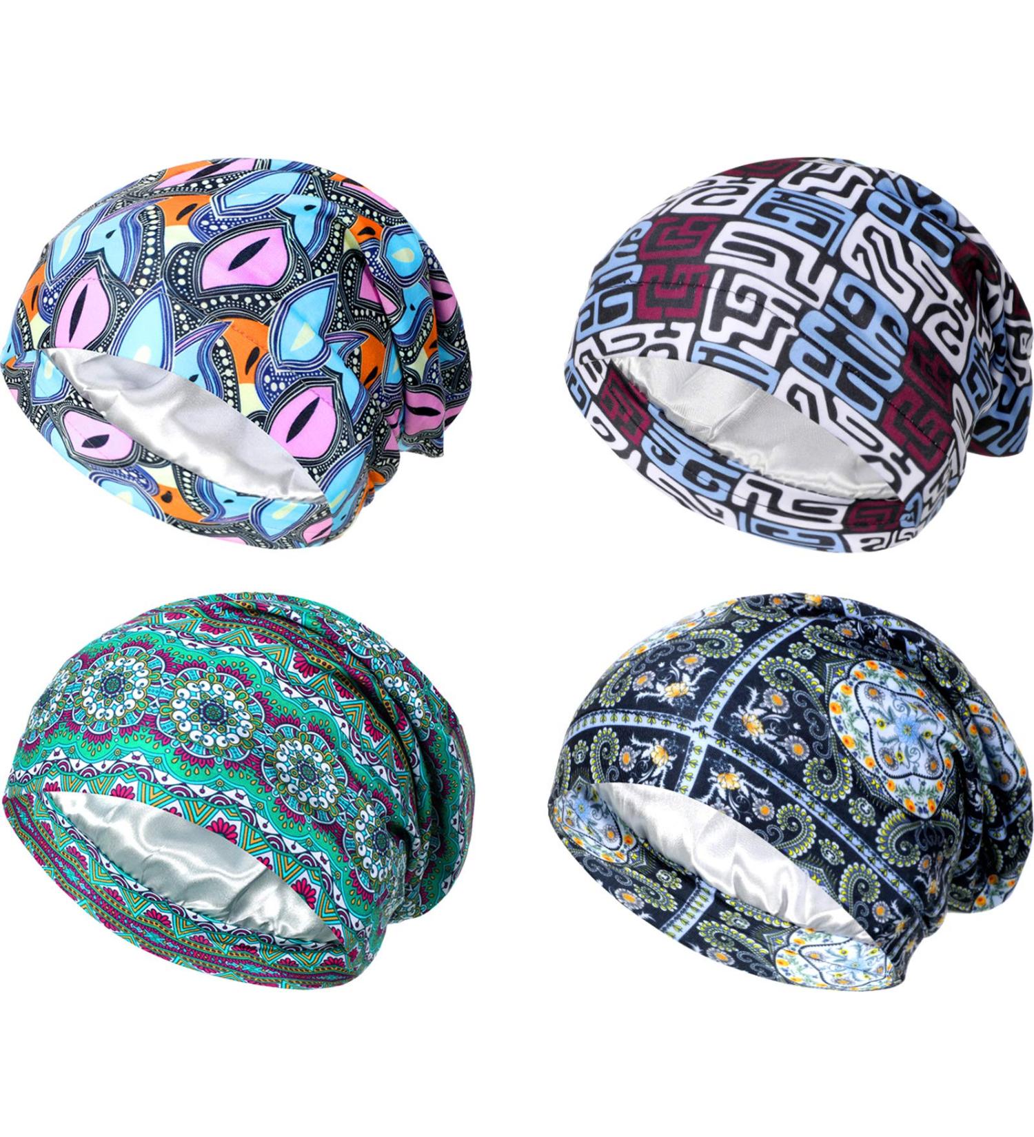 Satin Lined Double Layer Sleep Cap Set for Women - Blue Lattice Green Stripe Navy Pink - Perfect for Curly Hair - Slouchy Beanie Slap Hat (4 Pieces) - Buy Online on GoSupps.com