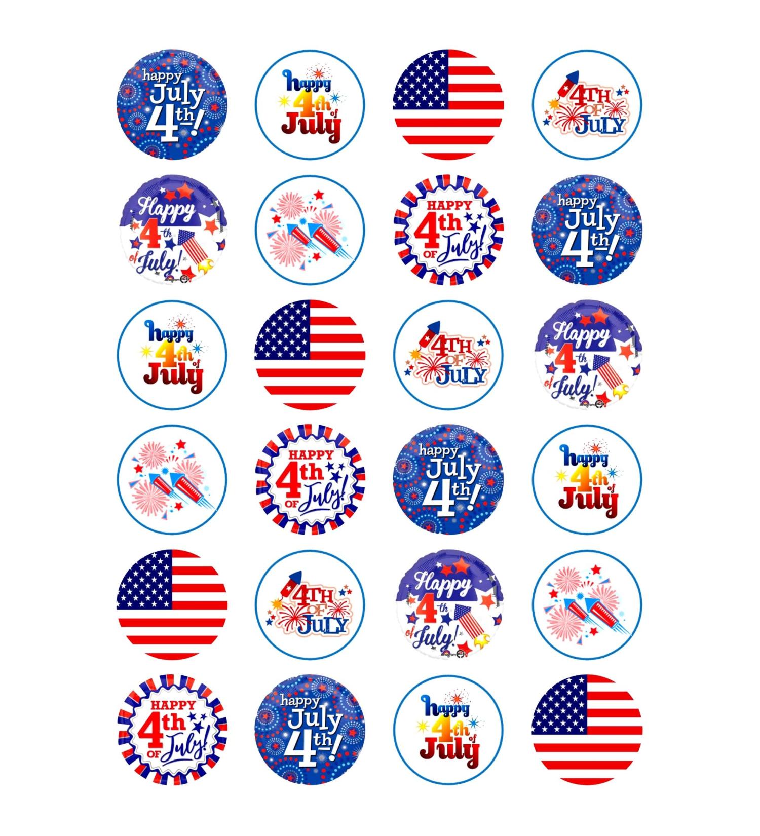 24 x 4th July Mix Edible Wafer or Icing Cupcake Topper Fun American Party Cake Decorations Perfect For Brownies Cookies Muffins & More! (Edible Wafer Card)