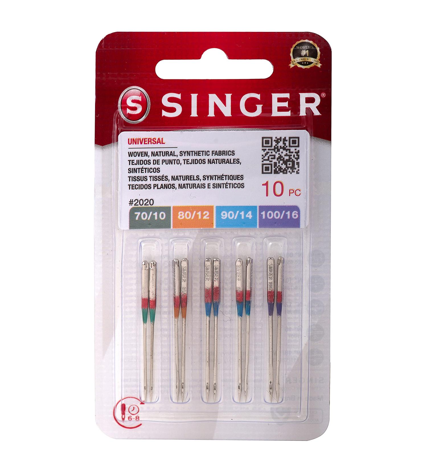 Singer 10-Pack Universal 2020 Sewing Machine Needles, Assorted, Size 70/10, 80/12, 90/14, 100/16