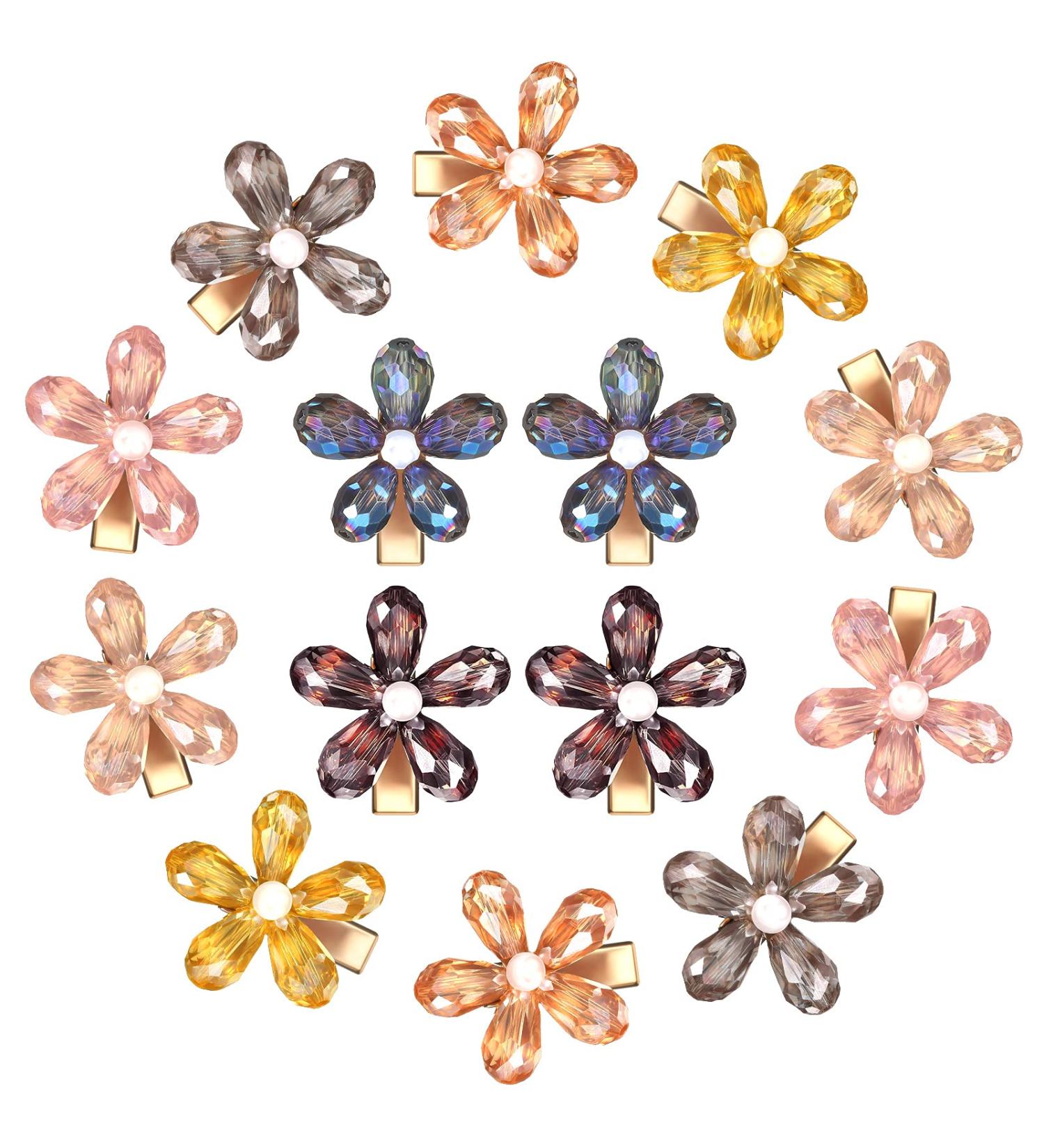 14-Piece Flower Crystal Hair Clips Set - Small Pearl Alligator Hairpins for Women and Girls in 7 Stylish Colors - Buy Online on GoSupps.com