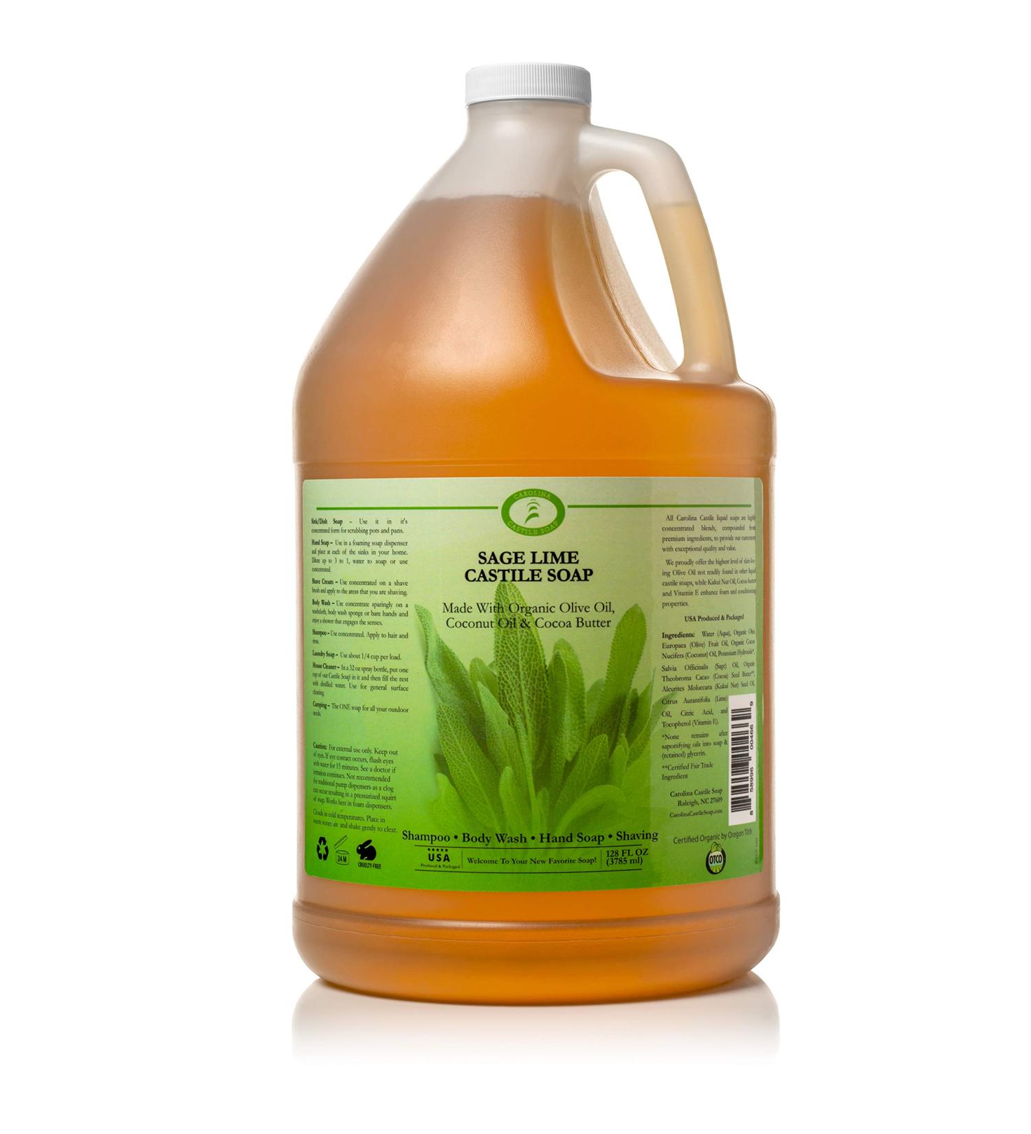 Carolina Sage Lime Castile Soap 1 Gallon - Organic Body Wash with Skin-Softening Olive Oil - Vegan and Pure Castile Soap Liquid - Buy Online on GoSupps.com