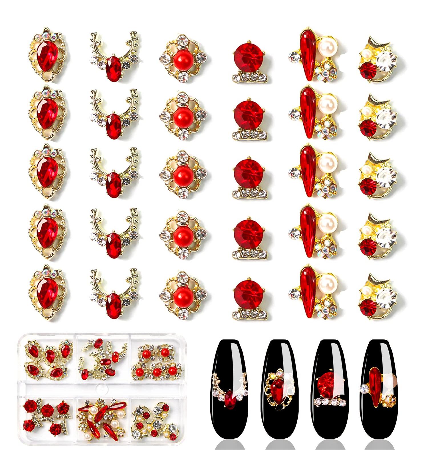 JERCLITY 30-Piece 3D Luxury Gold Nail Charms Red Rhinestones for Nails - Nail Art Decoration Accessories - Buy Online on GoSupps.com