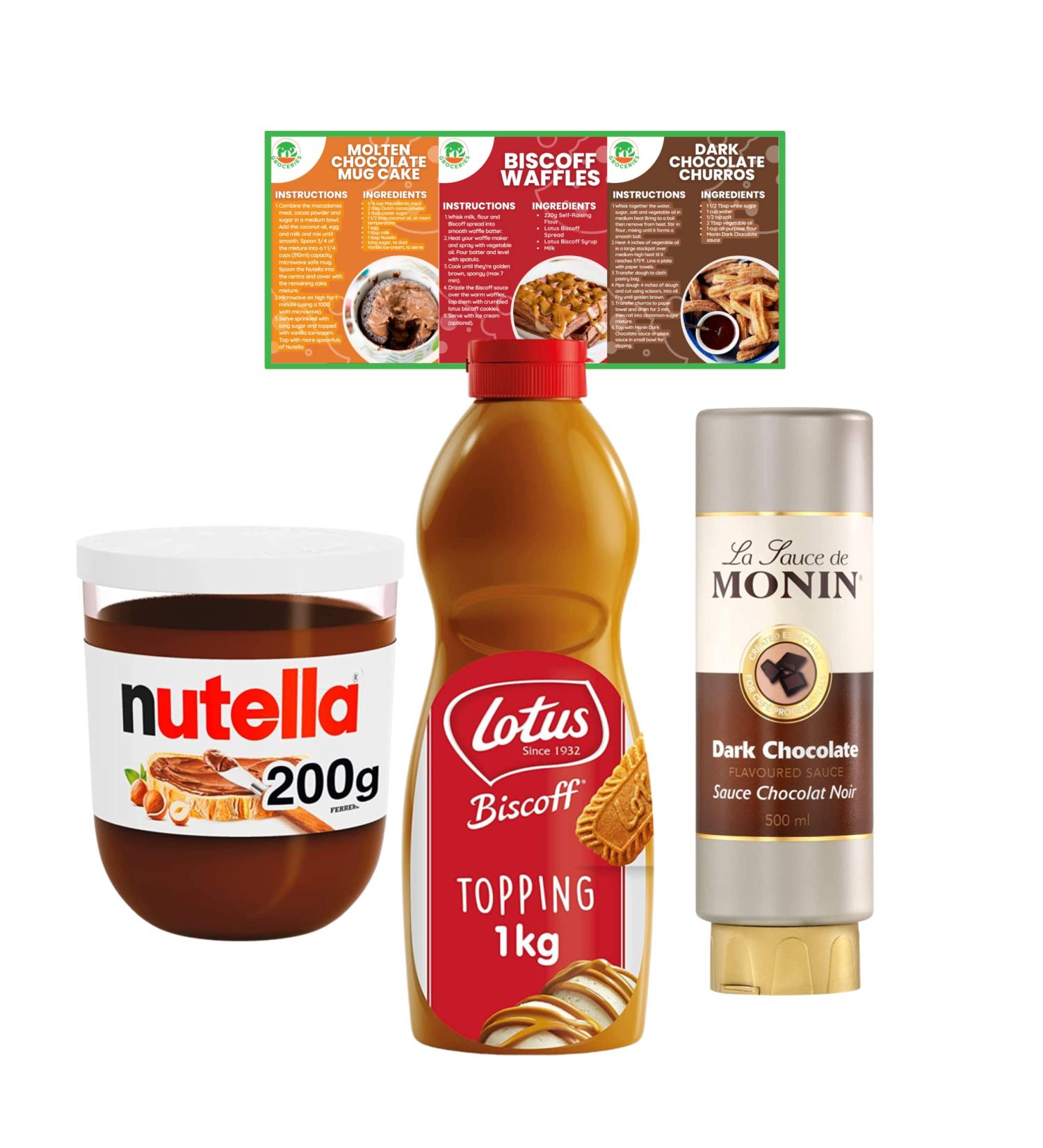 Delicious Dessert Sauces Bundle: Biscoff Biscuit Topping, La Sauce De Monin Dark Chocolate, Nutella (1kg, 500ml, 200g) with Recipe Cards - Buy Online on GoSupps.com