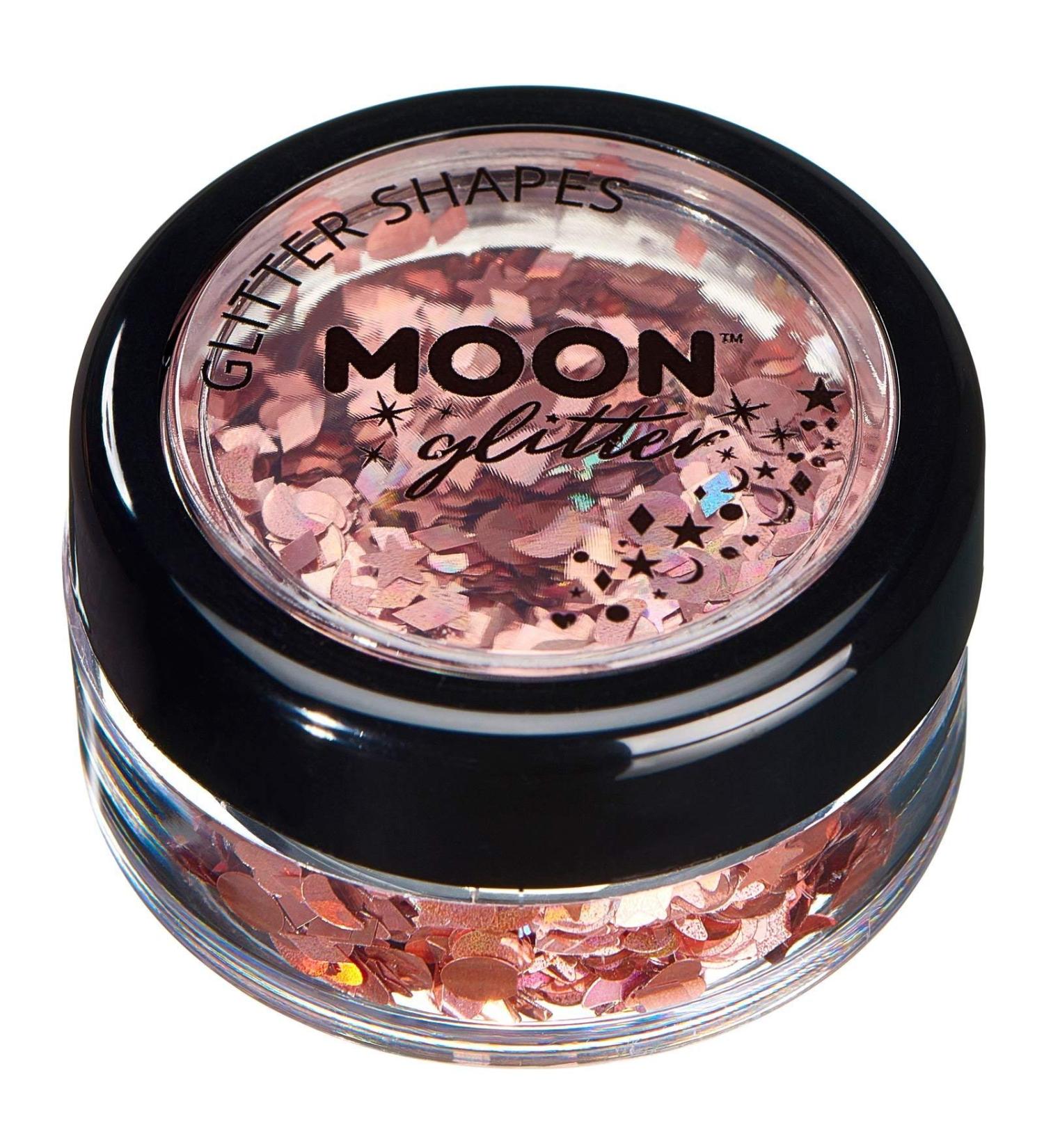 Moon Glitter Rose Gold Holographic Glitter Shapes - Cosmetic Festival Makeup for Face, Body, Nails, Hair, Lips - 3g - Buy Online on GoSupps.com