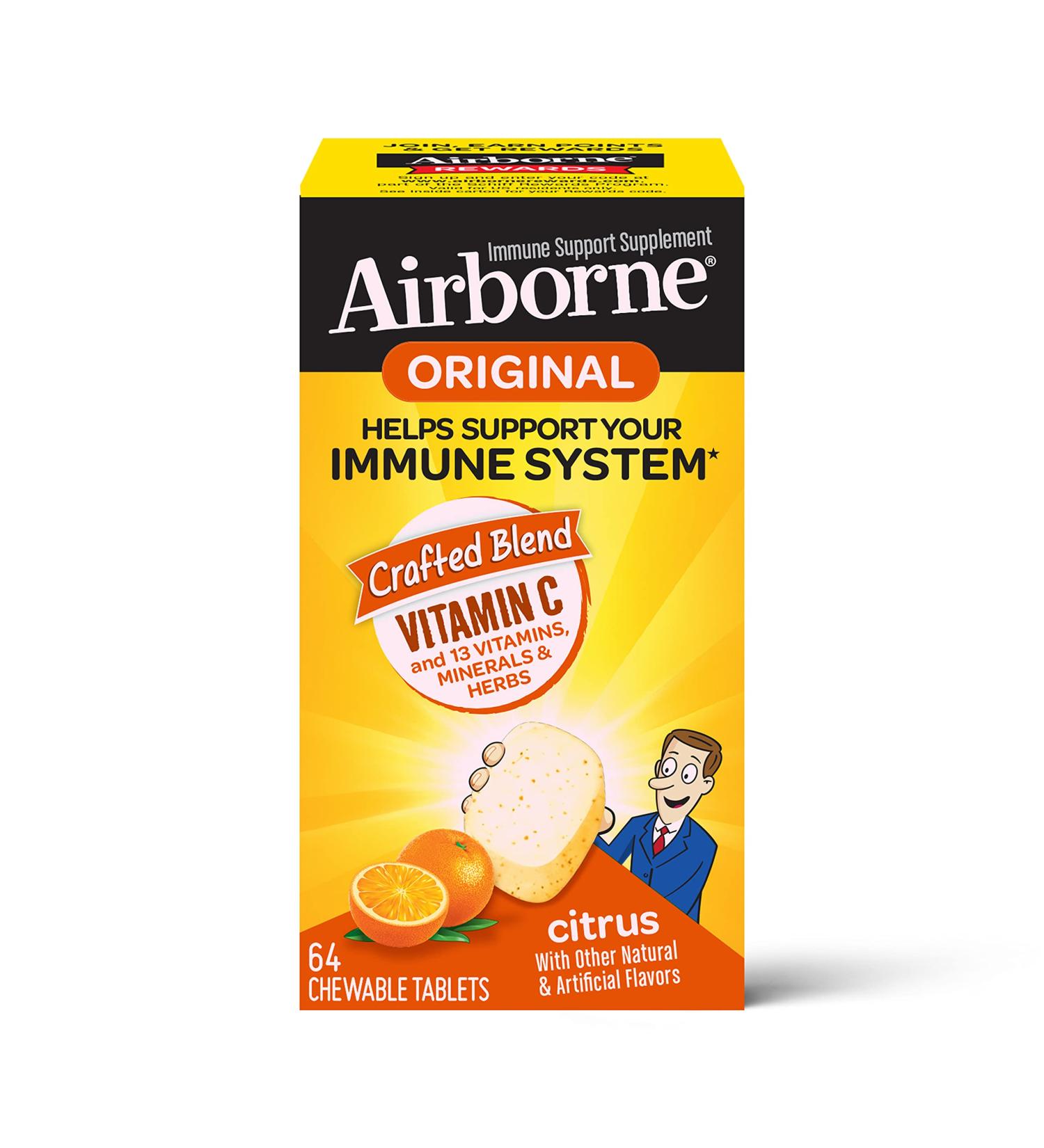 AirBorne Vitamin C Citrus Chewable Tablets - 64 Count | Boost Immunity & Fresh Flavor - Buy Online on GoSupps.com