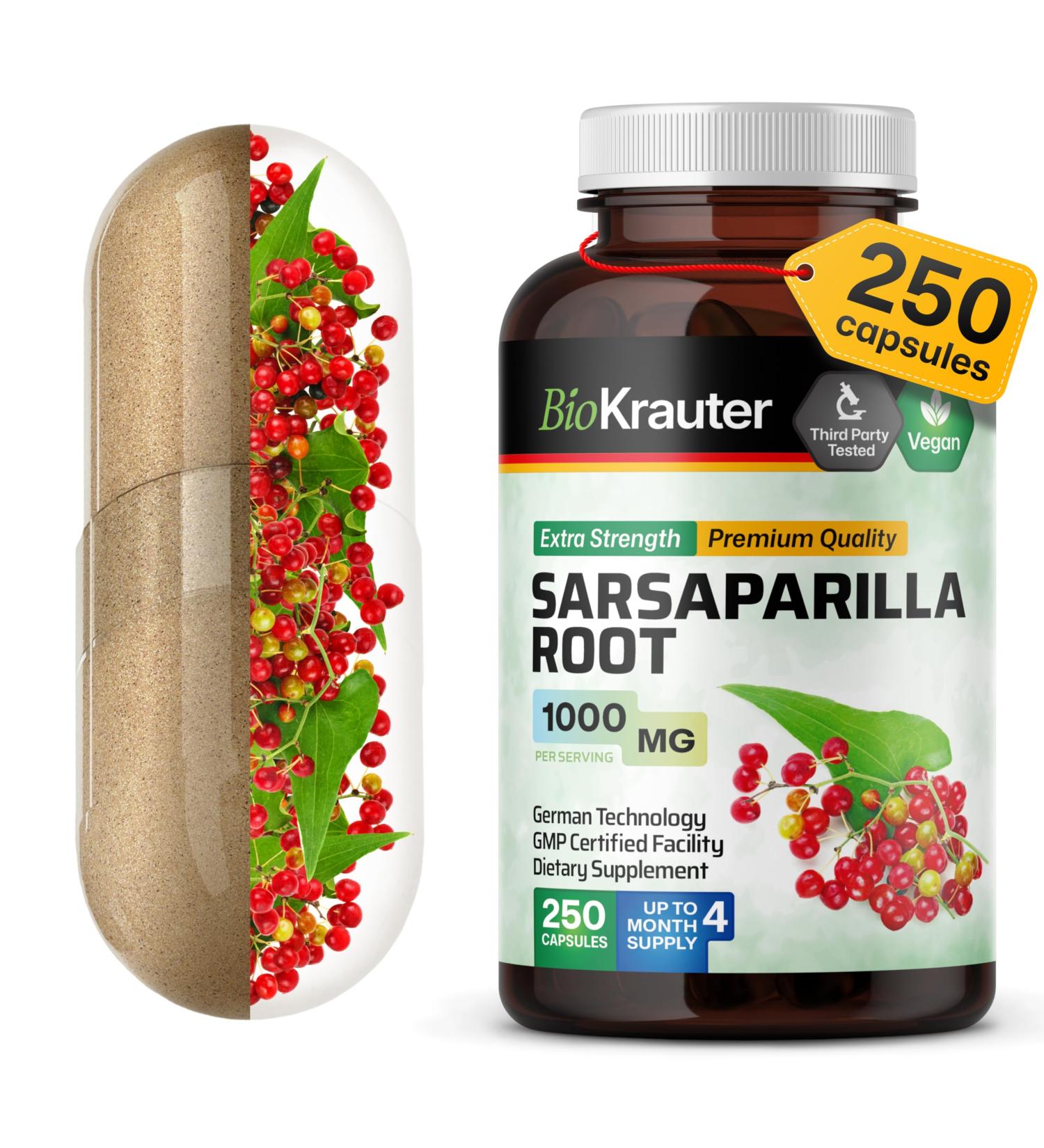 BIO KRAUTER Sarsaparilla Root Capsules - 1000 mg Strength - 250 Vegan Sarsaparilla Extract Caps - No Fillers - Buy Online on GoSupps.com