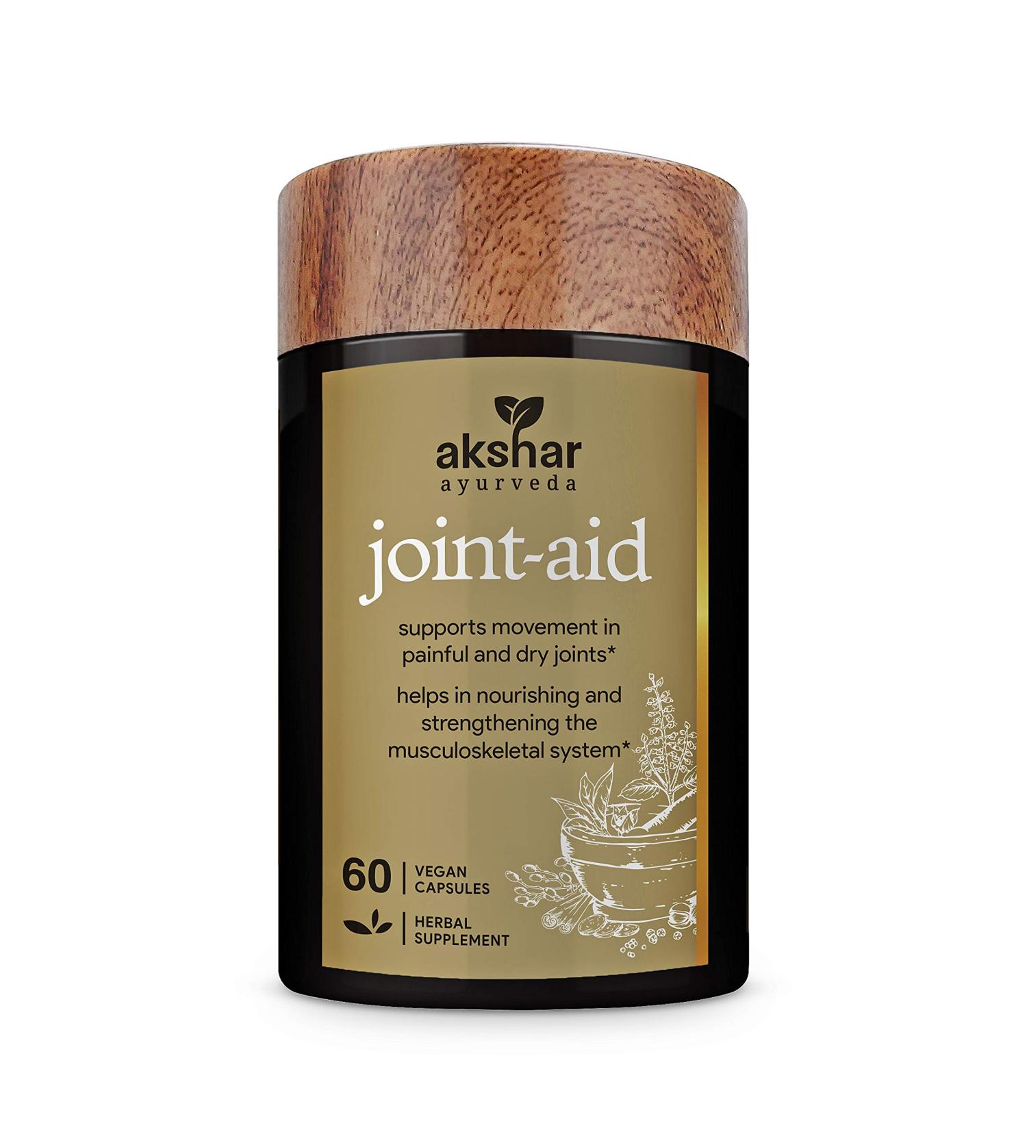 Akshar Ayurveda Joint Aid - Vegan Herbal Joint Support Supplement for Knee Back & Hands Mobility Relief - 60 Capsules - Buy Online on GoSupps.com