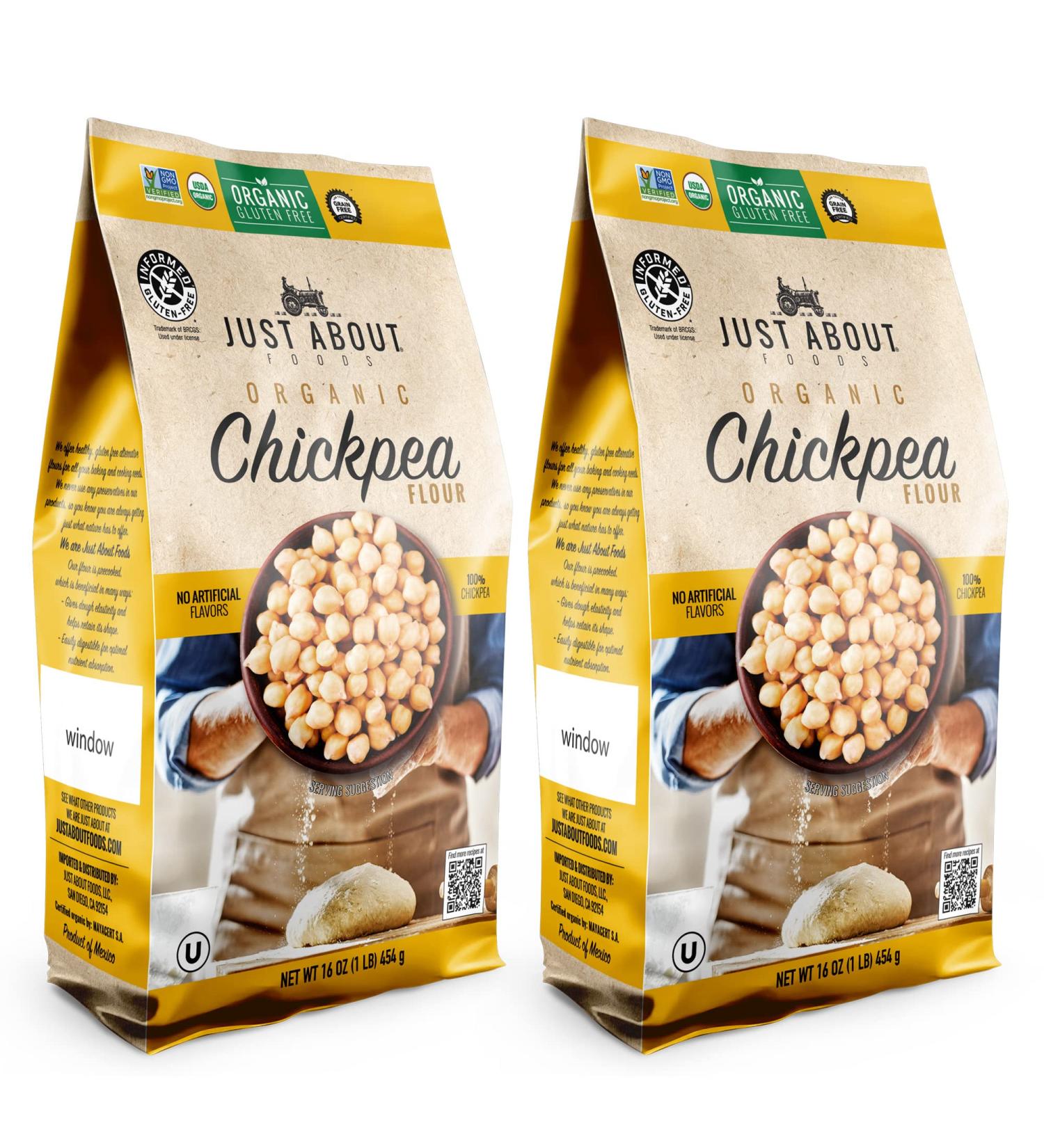 Just About Foods Organic Chickpea Flour 2lb (2 Pack) - USDA Organic, Gluten Free, Non GMO, Kosher - Pack of 2 (1lb bags) - Buy Online on GoSupps.com