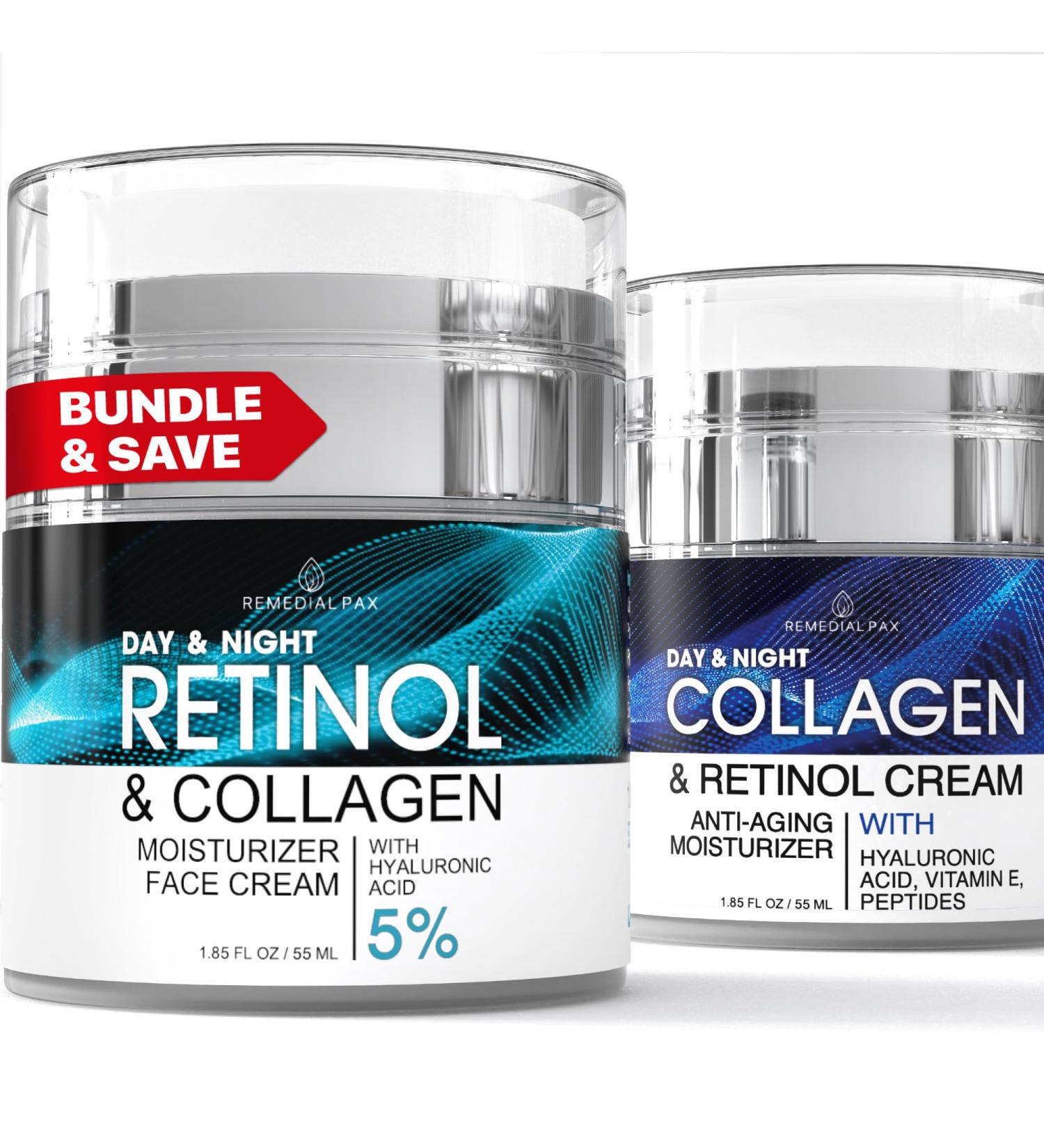 Retinol & Collagen Face Cream Bundle Anti Aging Moisturizer Set with Hyaluronic Acid for Women & Men Day & Night Firming Cream for Face Neck & D collet Wrinkles & Hydration 1.85 Fl Oz x 2 - Buy Online on GoSupps.com