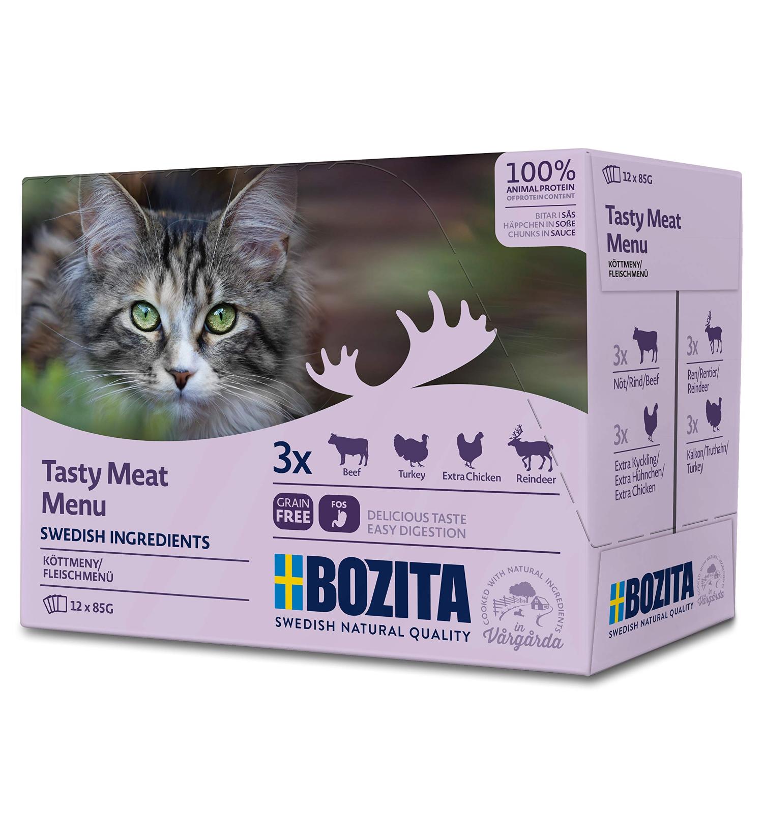 Bozita Multibox Mixpack - Beef Turkey Chicken & Reindeer Grain-Free Wet Food for Adult Cats (12x85g Pouches) | International Shipping Available - Buy Online on GoSupps.com