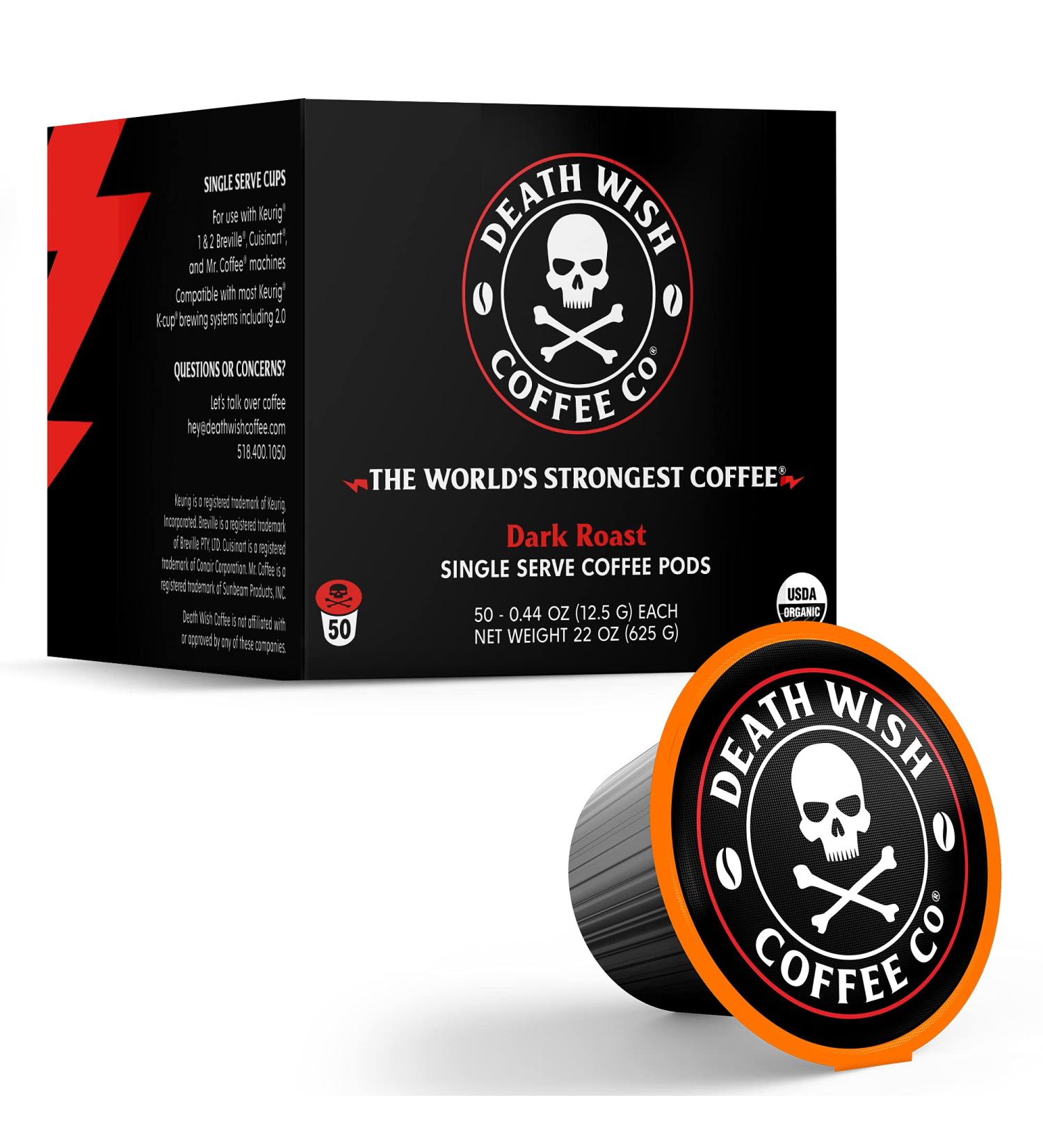 Death Wish Coffee Single Serve Pods - 50 Count - Dark Roast with USDA Certified Organic Fair Trade Beans - Buy Online on GoSupps.com