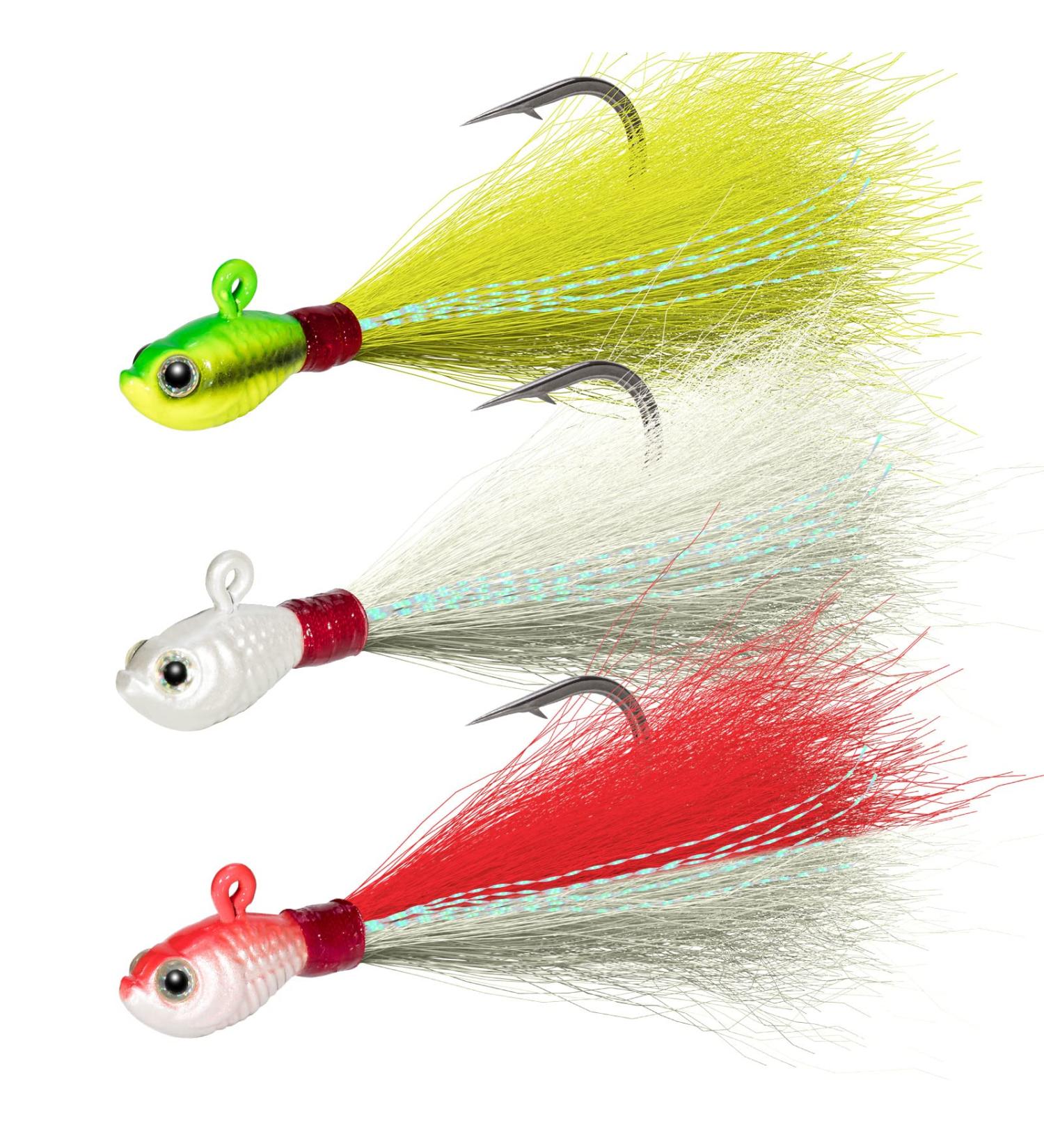 Dr.Fish Bucktail Jig Fluke Lure - 3 Pack Saltwater/Freshwater Hair Jig for Surf Fishing, Bass, Flounder, Striper - 1/2oz White Chartreuse Red & White - Buy Online on GoSupps.com