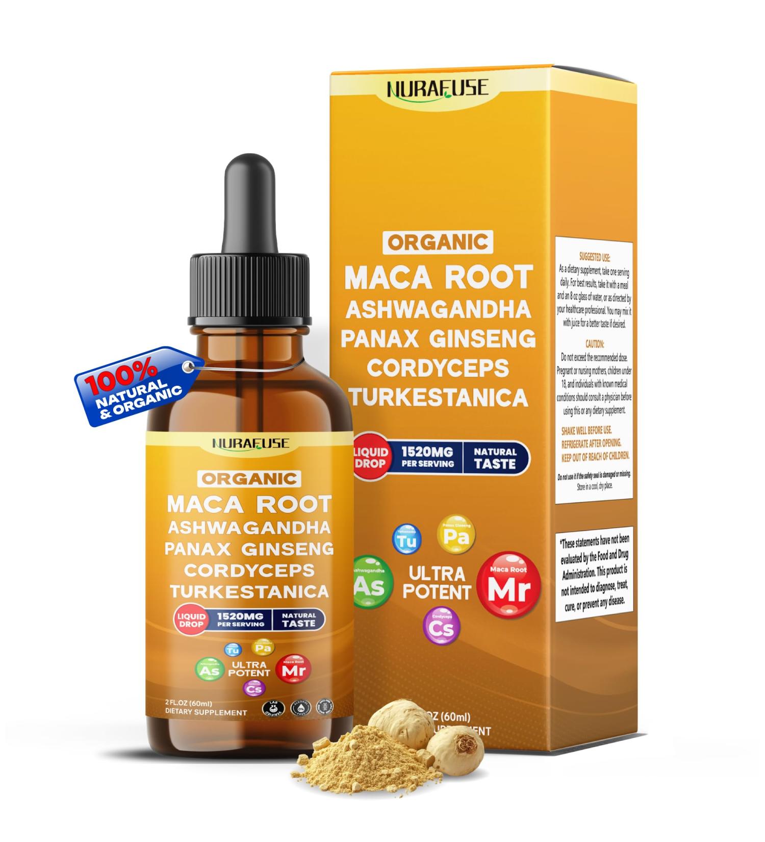 Organic Maca Root Ashwagandha Panax Ginseng Cordyceps Turkestanica Liquid Drops 1520mg per Serving Ultra Potent USA Made & Lab Tested 2 FL OZ (60ml) 60ml (pack of 1) - Buy Online on GoSupps.com