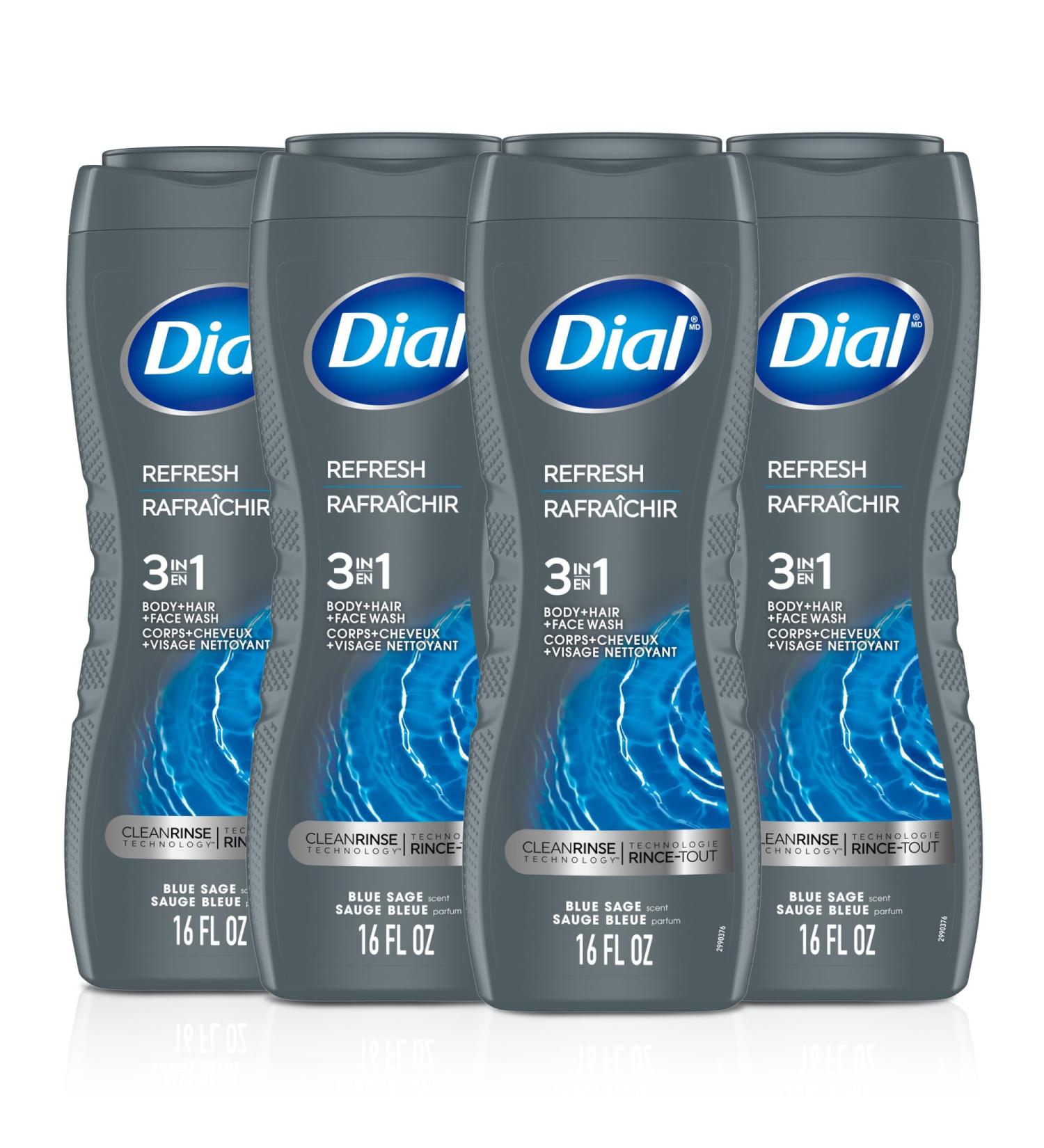 Dial Men 3 in 1 Body Hair and Face Wash Refresh 16 Fl Oz (Pack of 4) Blue Sage Scent Cleanses Deep + Gentle on Skin with Clean Rinse Technology Hydro Fresh - Buy Online on GoSupps.com