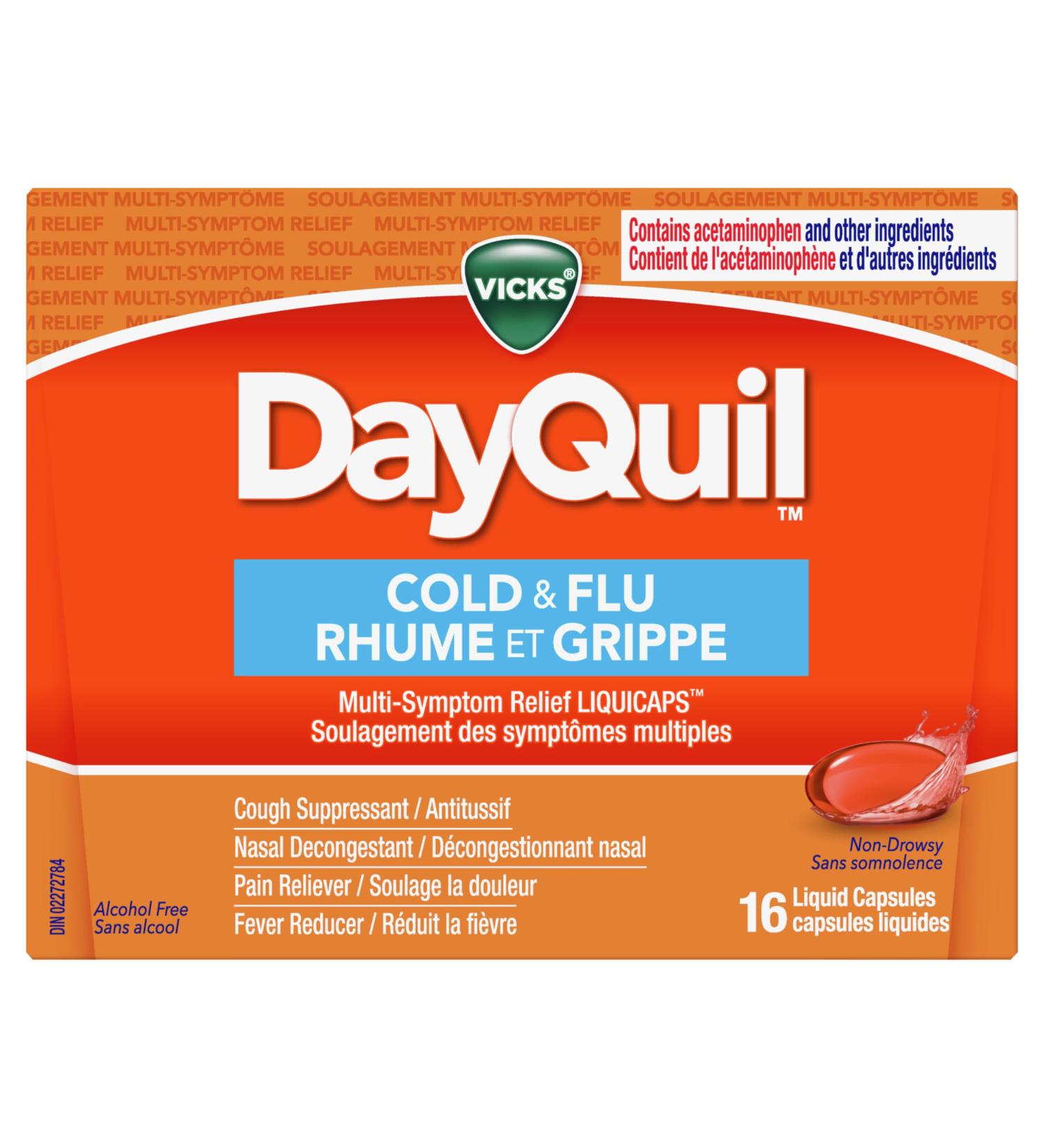Vicks DayQuil Cold and Flu Medicine Cough Suppressant Nasal Decongestant Pain & Fever Reducer Non-Drowsy Formula 16 Liquid Capsules 16 Count - Buy Online on GoSupps.com