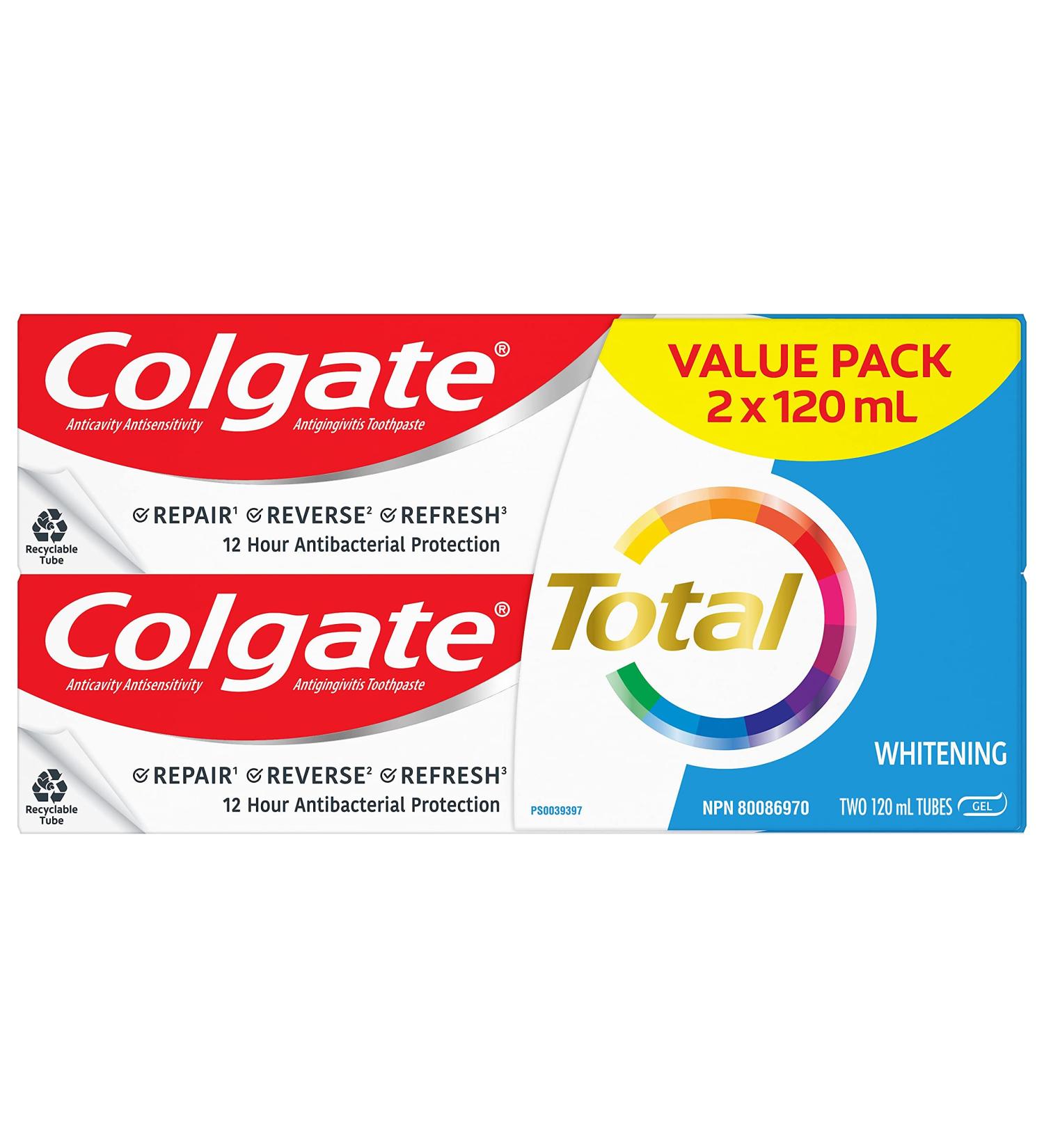 Colgate Total Whitening Anticavity Fluoride Gel Toothpaste 2 X 120 mL 120 ml (Pack of 2) Total Whitening - Buy Online on GoSupps.com
