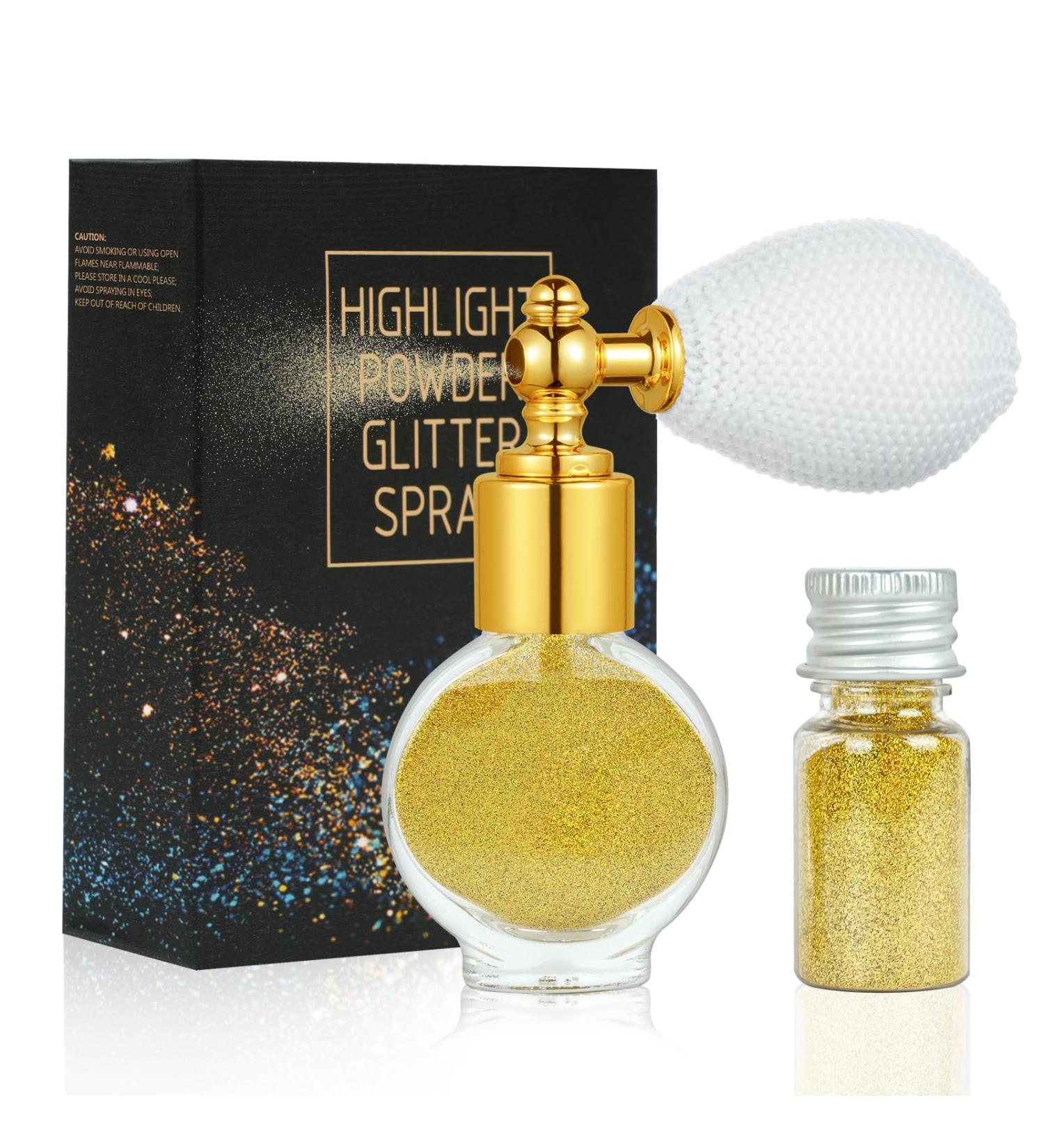 AOOWU Glitter Powder Spray Shiny Body Glitter Spray for Women Highlighter Loose Powder Spray Shimmer Sparkle Pearl Powder Makeup Spray for Body Hair Face and Clothing Colorful Gold - Buy Online on GoSupps.com
