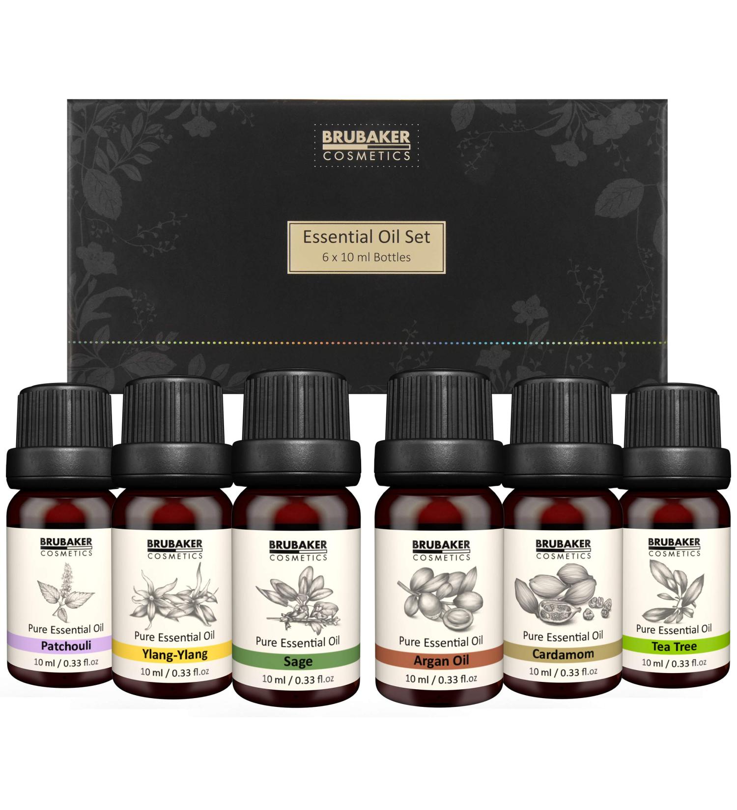 Brubaker 6-Set Essential Oils - Aromatherapy Oils (Patchouli Sage Ylang-Ylang Cardamom Argan Tea Tree) for Diffusers & Body Care - 10 ml Each - Buy Online on GoSupps.com