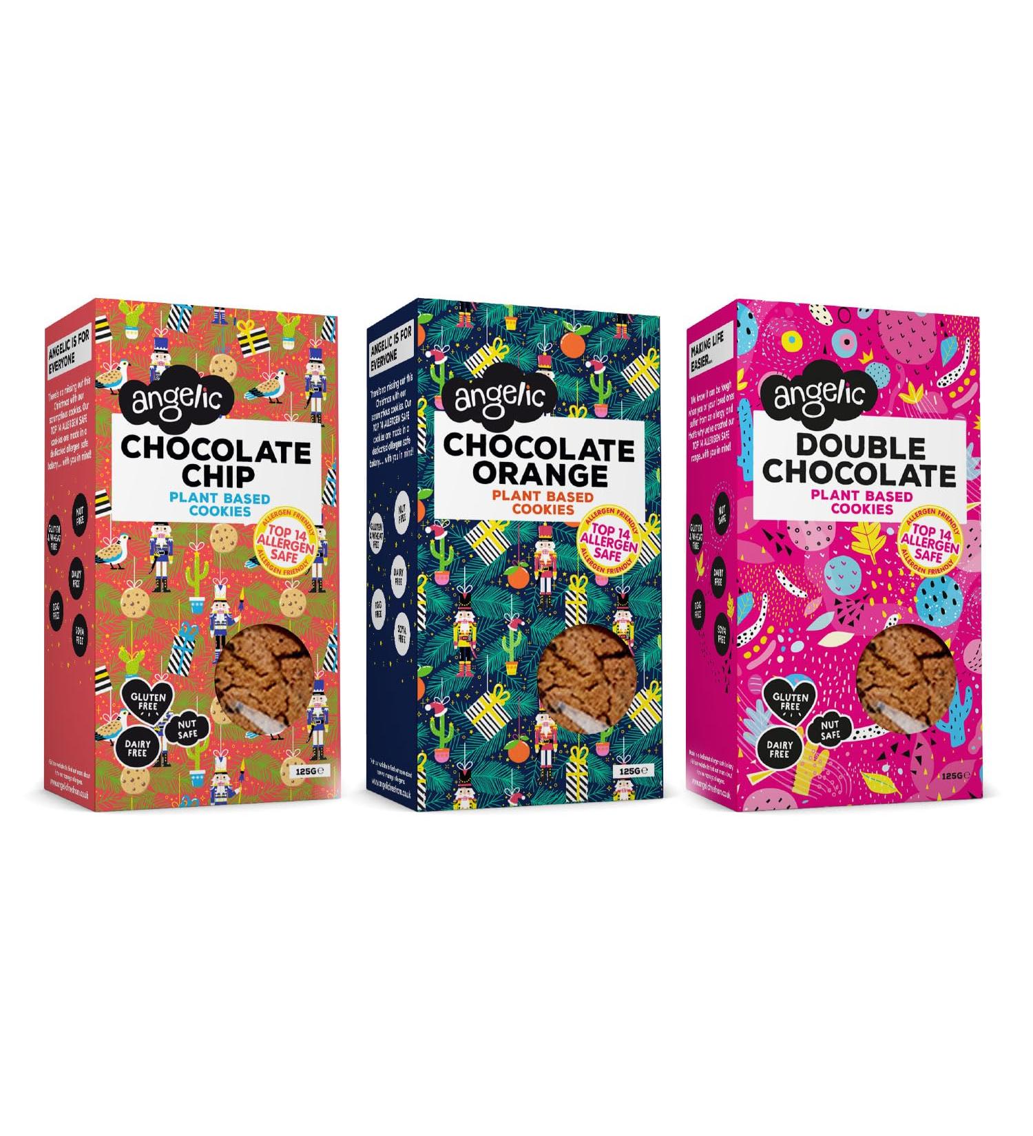 Angelic Free From 6 Pack Mixed Box Festive Bundle Vegan & Gluten Free Cookies. Dairy Nuts Soya Egg Peanut Free Biscuits. Allergy Safe Snacks. (Chocolate Orange Chocolate Chip & Double Chocolate) - Buy Online on GoSupps.com