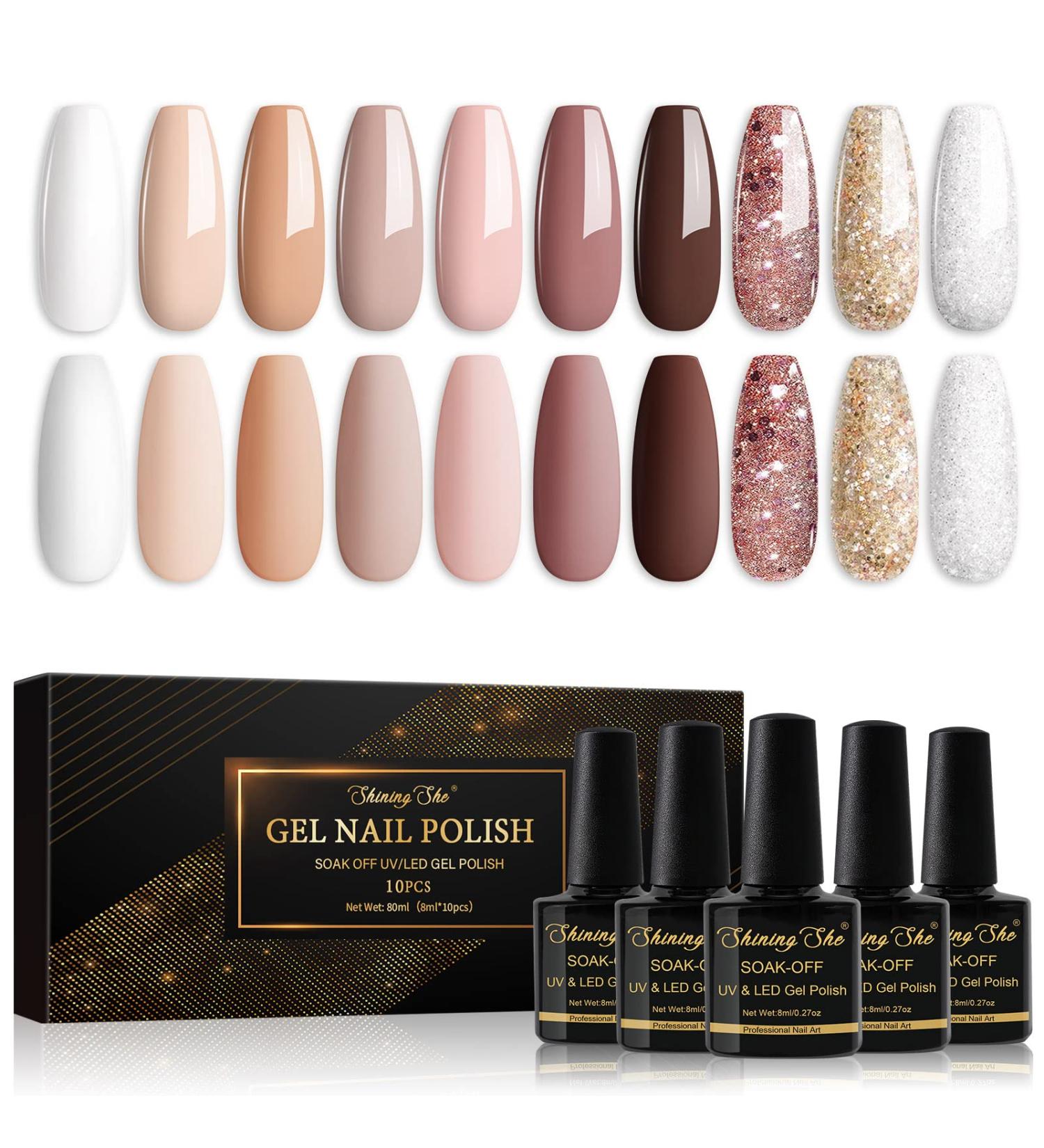Shining She 10 Colors Gel Nail Polish Set - Nude Pink, White, Champagne, Brown, Glitter Gold, Silver Pastel - Soak-Off UV/LED Polish - Nail Art Salon DIY Home - 8ML - Buy Online on GoSupps.com