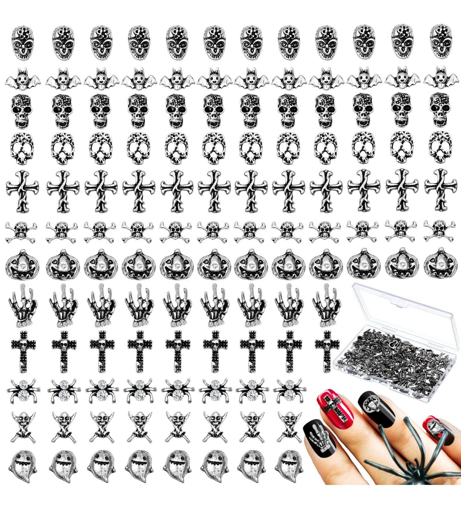 180 Pieces 3D Halloween Nail Art Charms - Skull Cross Ghost Bat Skeleton & Rhinestones - Metal Vintage Alloy Nail Decor for DIY Halloween Nails (Silver - Buy Online on GoSupps.com