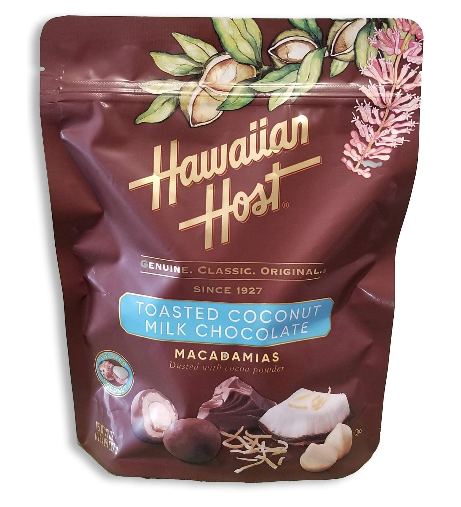 Hawaiian Host Toasted Coconut Milk Chocolate Macadamias- Dusted with Gourmet Cocoa Powder
