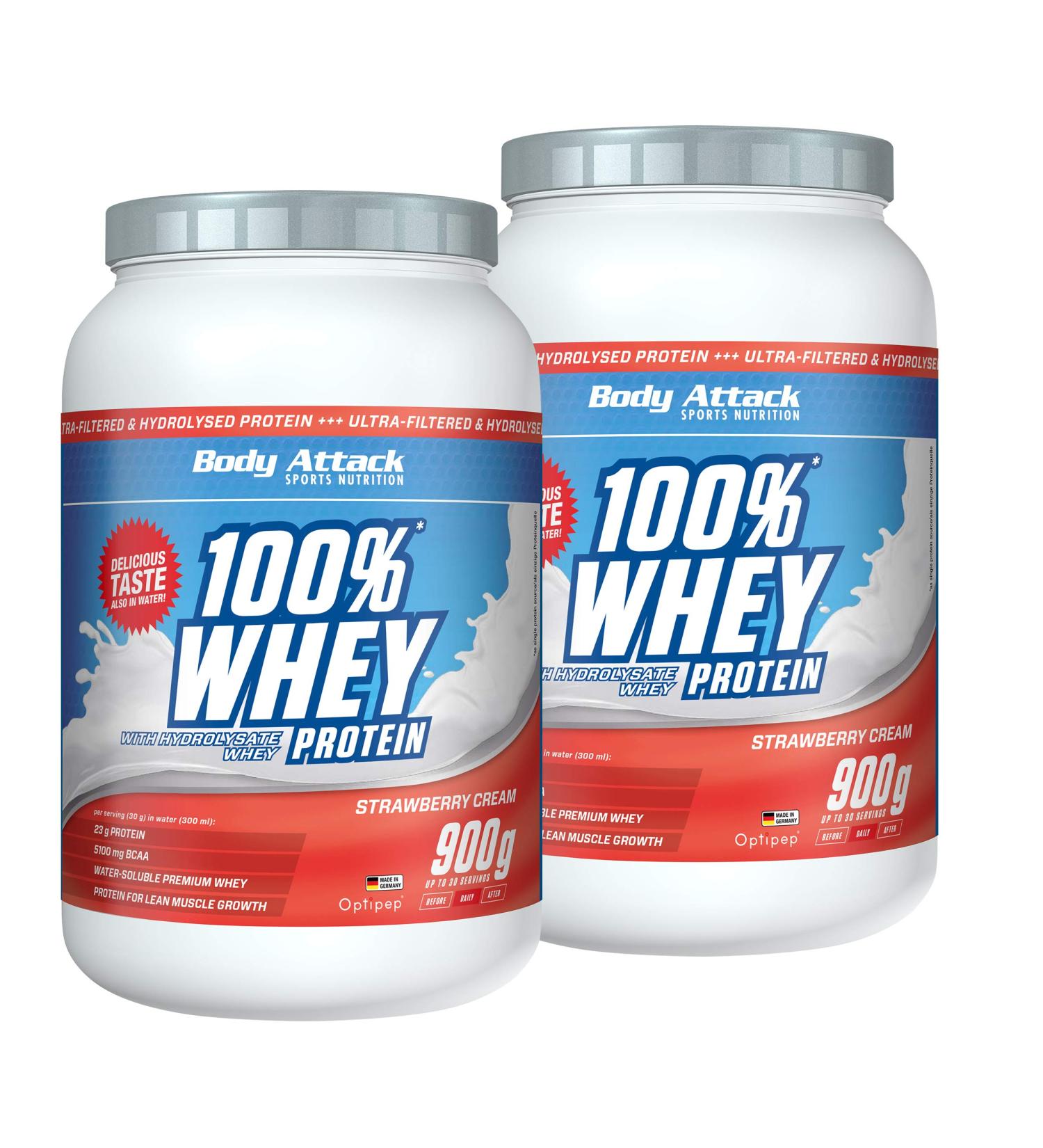 Body Attack 100% Whey Protein - Strawberry 2x900g | Extra Creamy Protein with Hydrolyzate & BCAA | Muscle Building & Diet Support - Made in Germany - Buy Online on GoSupps.com