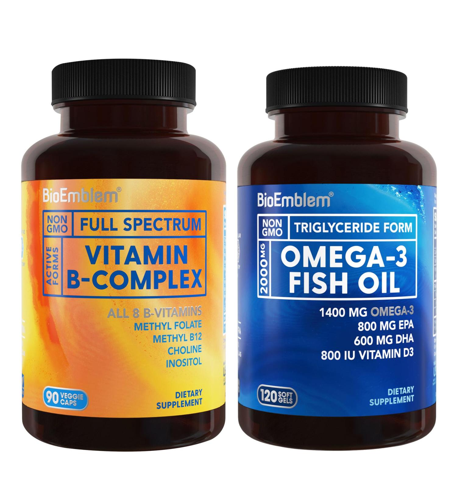 BioEmblem Vitamin B-Complex- All 8 Active Forms with Methyl Folate and Omega-3 Fish Oil 2000mg - Small Size Softgels - Buy Online on GoSupps.com