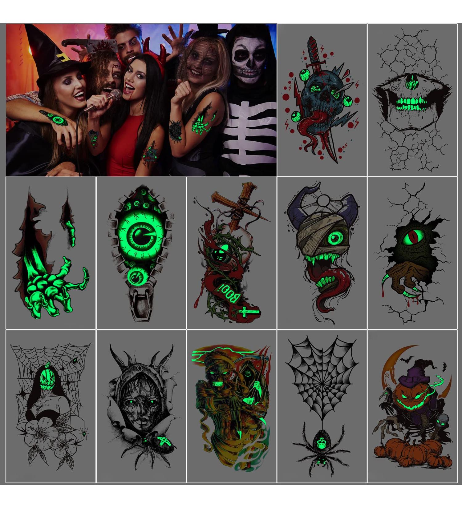 Halloween Glow in the Dark Temporary Tattoos - 12 Sheets Waterproof Body Art Stickers for Men, Women, Adults - Scary Spider Net Totem Design - Halloween Party Supplies - Buy Online on GoSupps.com