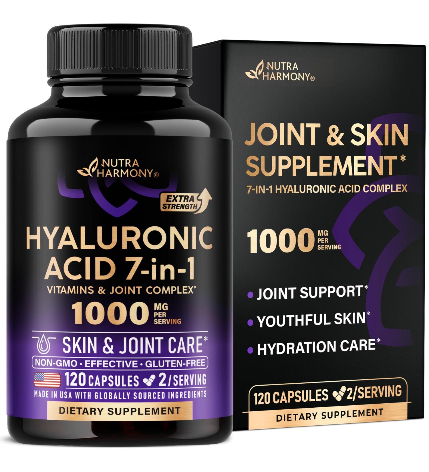 Hyaluronic Acid Supplements 1000 mg - Collagen | MSM | Boswellia | Vitamin D3 C & E - Hyaluronic Acid Capsules - Skin Hydratation & Joint Comfort Support - 7-in-1 Complex - Made in USA - 120 Capsules 120 Count (Pack of 1) - Buy Online on GoSupps.com