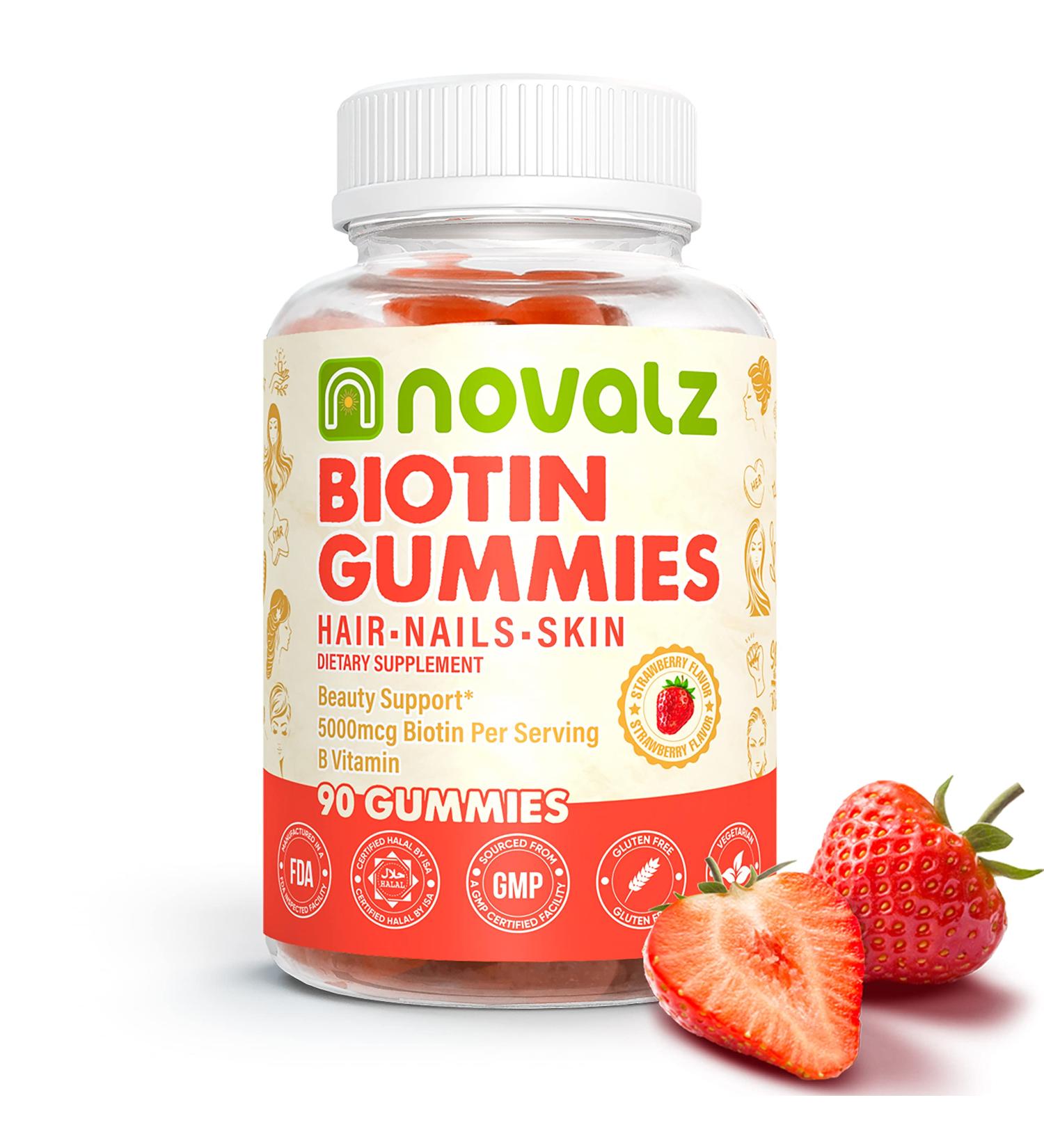 Vegan Biotin Gummies 5000mcg for Hair Growth & Healthy Skin | Vitamin B & C | Non GMO, Gluten Free | Strawberry Flavor - 90 Gummies - Buy Online on GoSupps.com