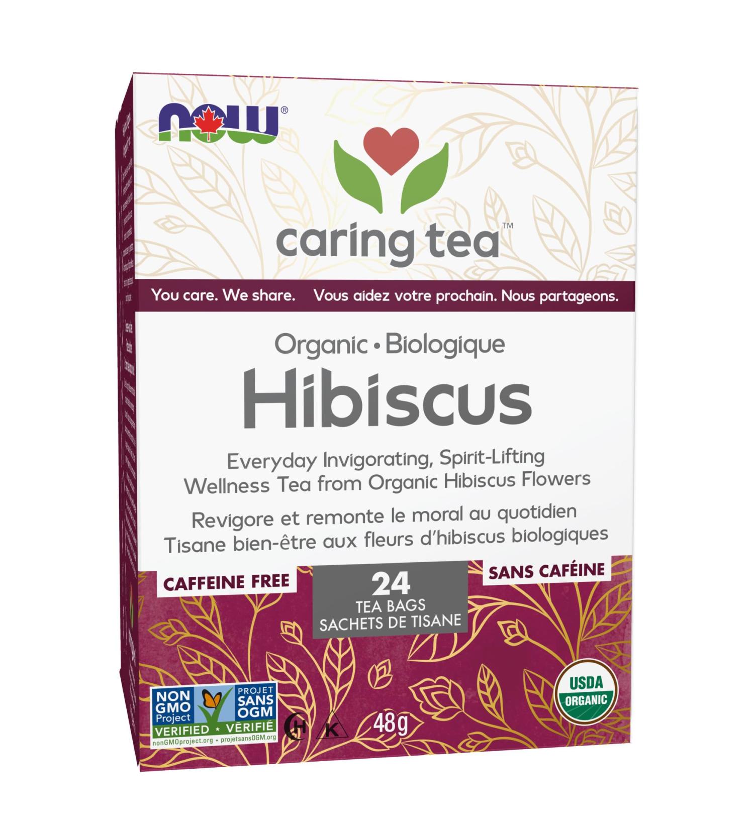 NOW Caring Tea Organic Hibiscus Tea Premium Unbleached Tea Bags with our no-staples design 24 Count - Buy Online on GoSupps.com