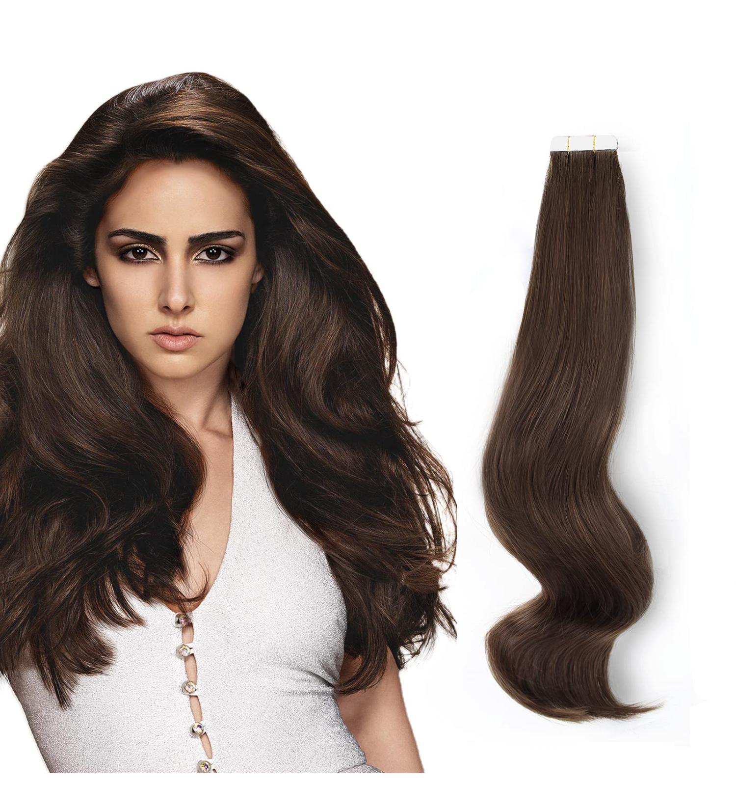 Beauty Hair Tape Extensions - Semi-Permanent Real Hair - 20 Pieces Dark Brown Skin Weft - Reusable & Invisible - 50g - Buy Online on GoSupps.com