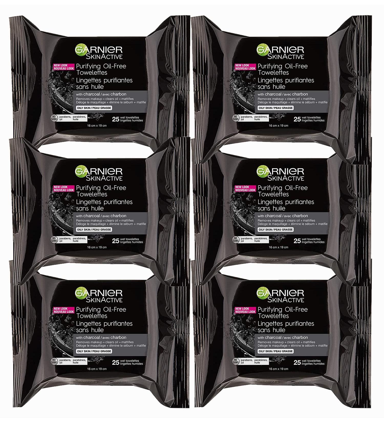 Garnier SkinActive Clean+ Charcoal Oil-Free Makeup Remover Wipes, 25 Count, 6 Pack 25 Count (Pack of 6)