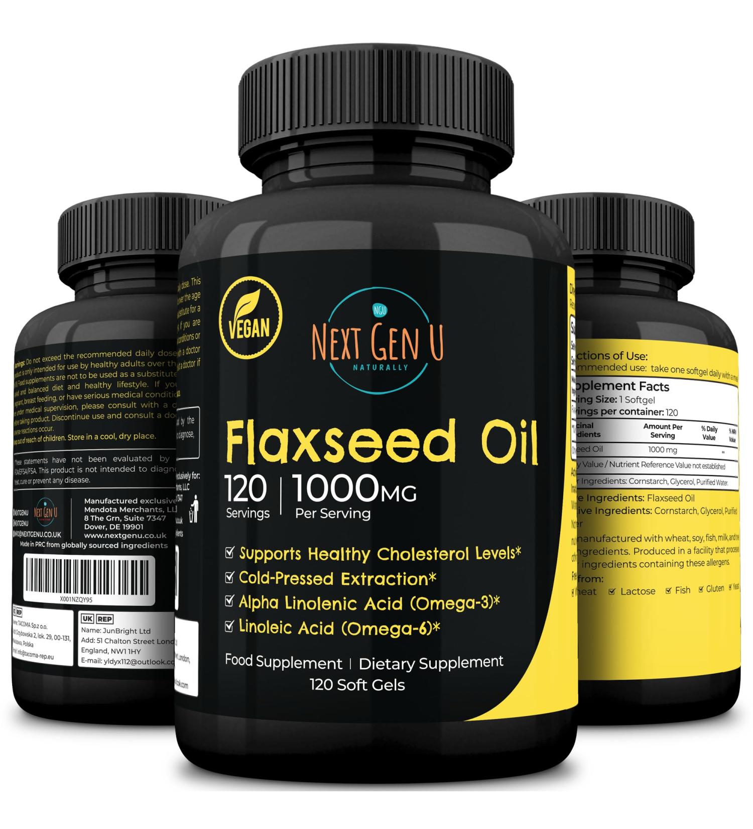 Next Gen U Flaxseed Oil 1000mg Vegan Softgels - Omega 3 6 9 Cold Pressed Supplement - Buy Online on GoSupps.com