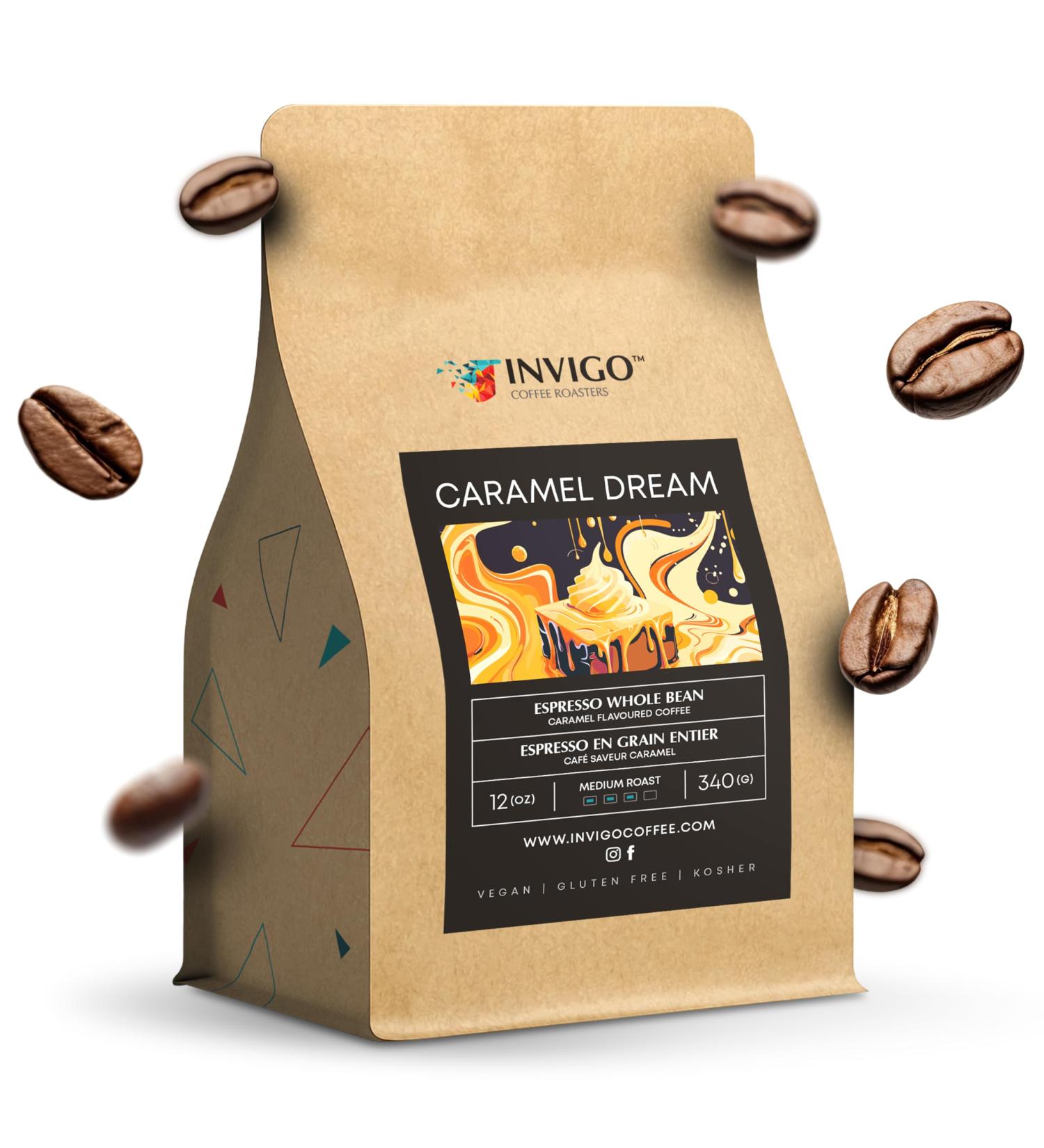 Invigo Espresso Coffee Beans 340g - Aroma-Rich Whole Coffee Bean Small Batch Local Premium Roasting Vegan & Gluten-Free Birthday Christmas Gift Ideas for Coffee Lovers Whole Bean Caramel Dream - Buy Online on GoSupps.com