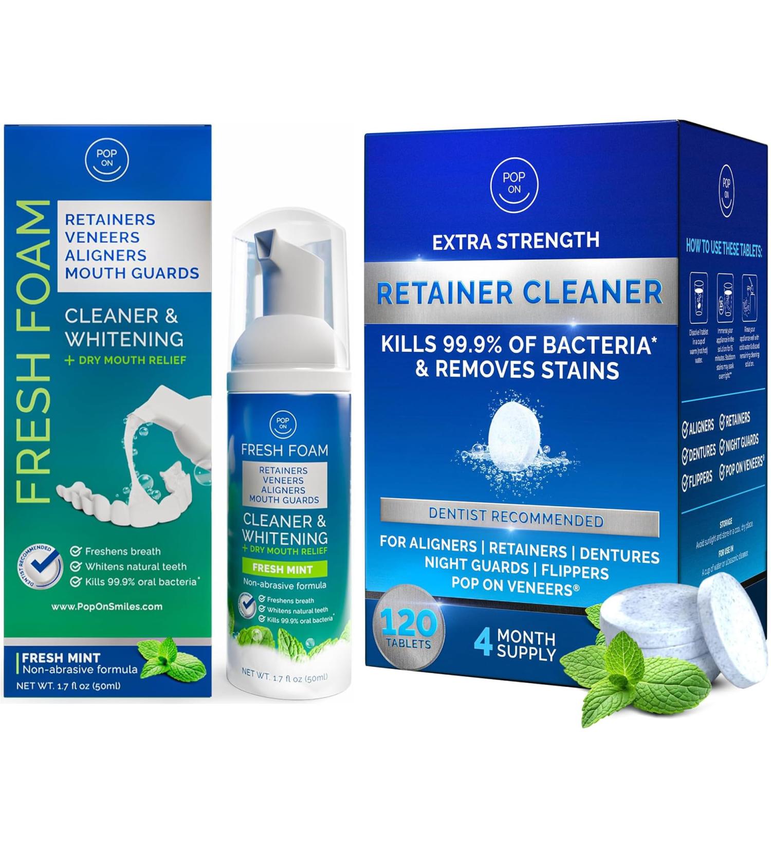 Retainer Cleaners Bundle | Aligner & Retainer Cleaner Fresh Foam | Retainer Cleaner Tablets for Invisalign Approved for Ultrasonic Cleaners 4-Month Supply - Buy Online on GoSupps.com