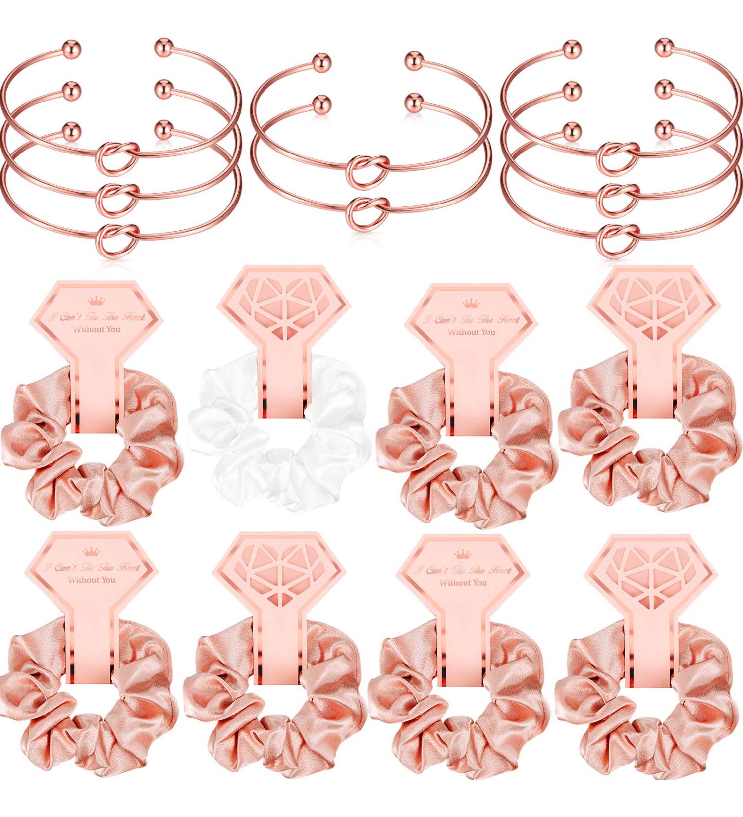 8-Piece Satin Hair Scrunchies & Bridesmaid Bracelets Set - Rose Gold & White | Bridal Shower and Bachelorette Party Accessories - Buy Online on GoSupps.com