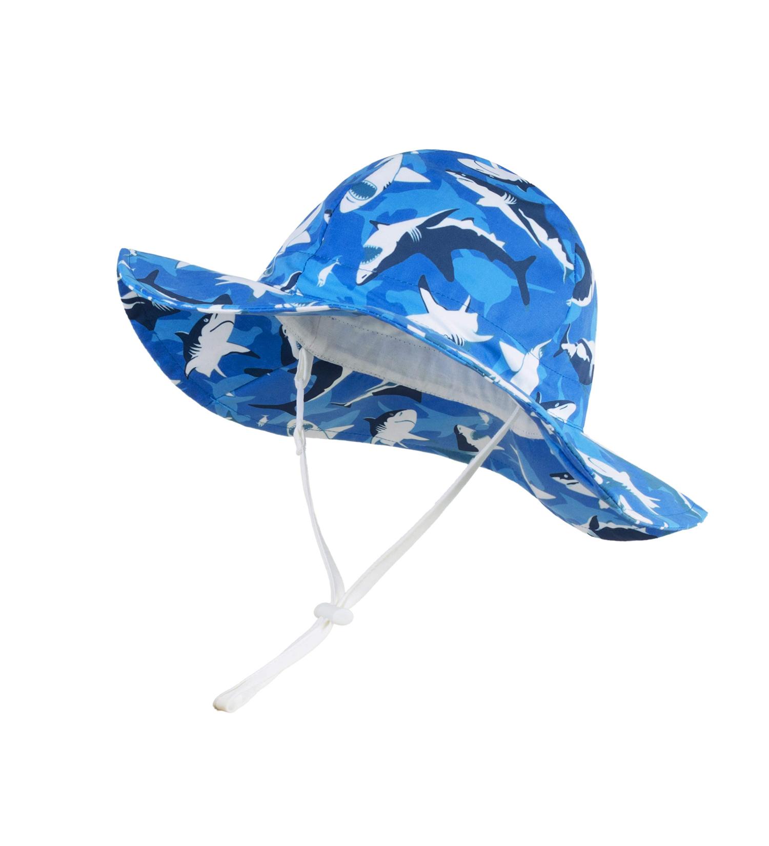 LANGZHEN Beach Sun Protection Hat for Baby Girls - Adjustable Toddler Kids Hat with Wide Brim & Chin Strap, Black Shark-Blue, 1-2 Years - Buy Online on GoSupps.com