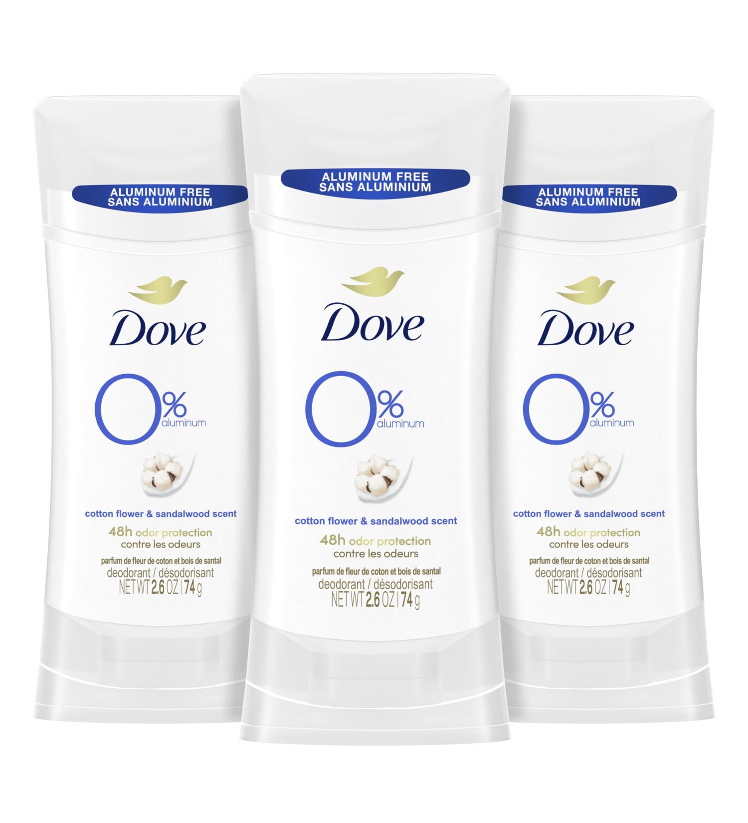 Dove 0% Aluminum Deodorant Stick Cotton Flower & Sandalwood 3 count for 48-Hour Odor Protection Aluminum Free Deodorant 2.6 oz Sandalwood 2.6 Ounce (Pack of 3) - Buy Online on GoSupps.com