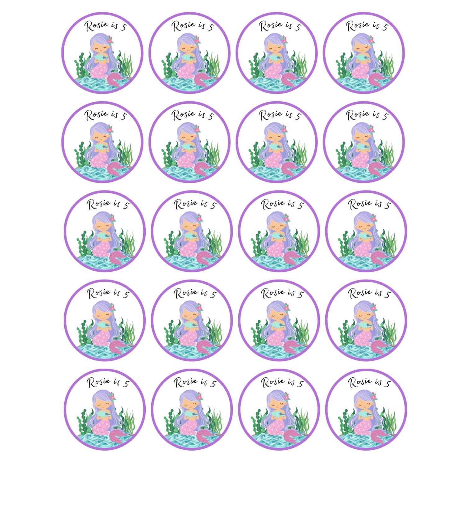 edible 20 x Mermaid Birthday Personalised cupcake toppers uncut party (wafer card)