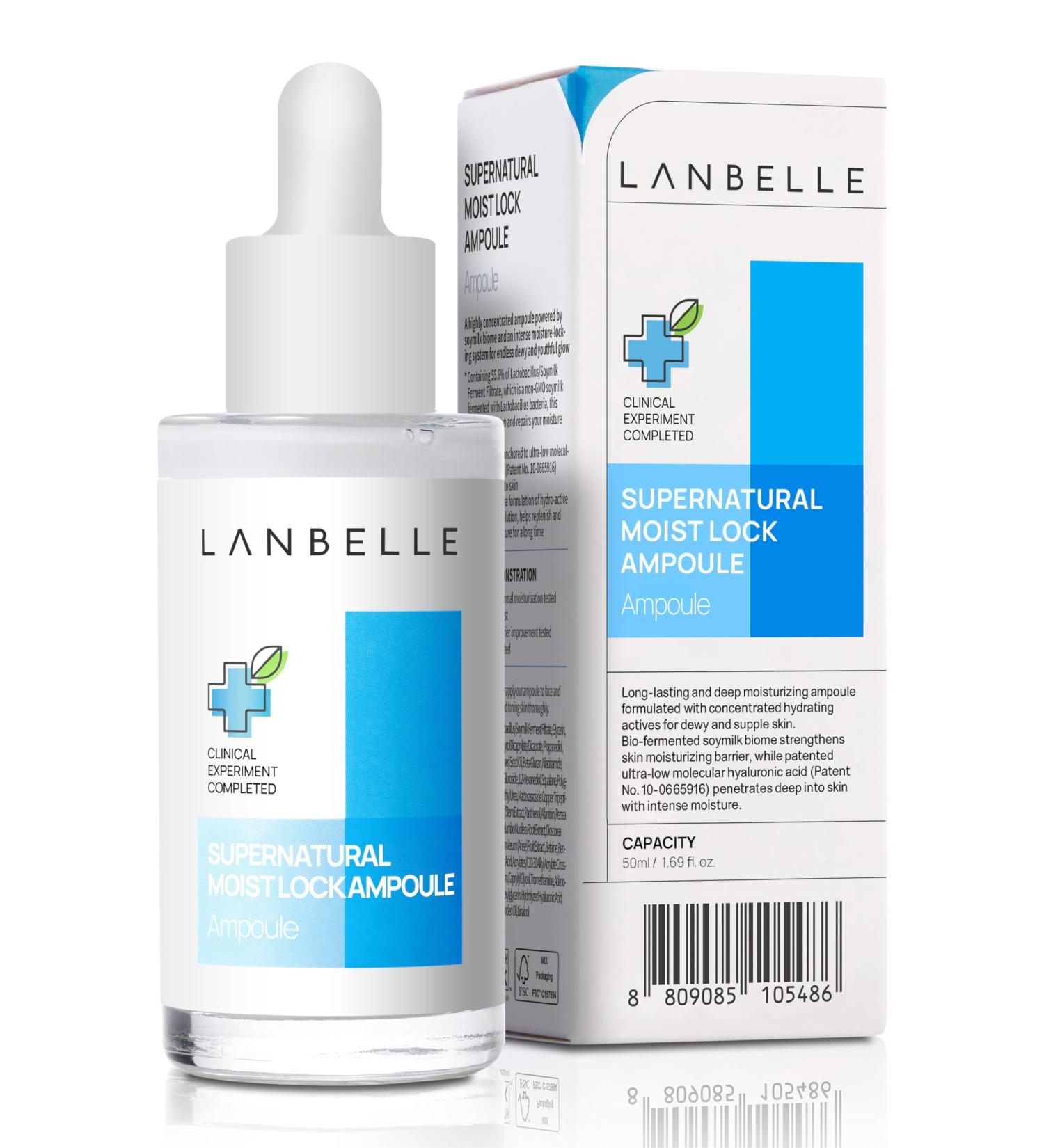 LANBELLE Supernatural Moist Lock deep hydrating Ampoule 1.69 Fl Highly Concentrated Soymilk Biome Ultra-Low Molecular Hyaluronic Acid for Dry and Dull Skin