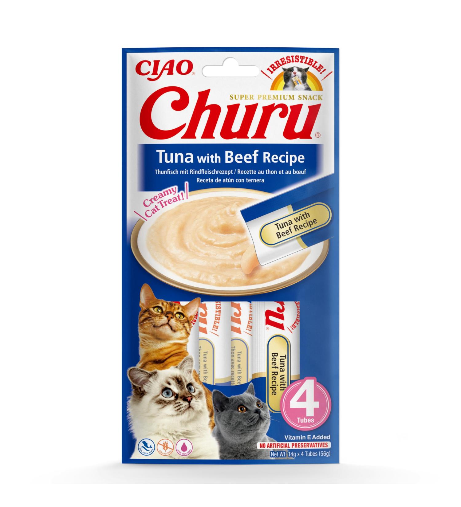 Inaba Churu Puree Cat Snacks - Tuna & Beef Hand Feeding Paste - 4 Sticks x 14g - International Shipping Available - Buy Online on GoSupps.com